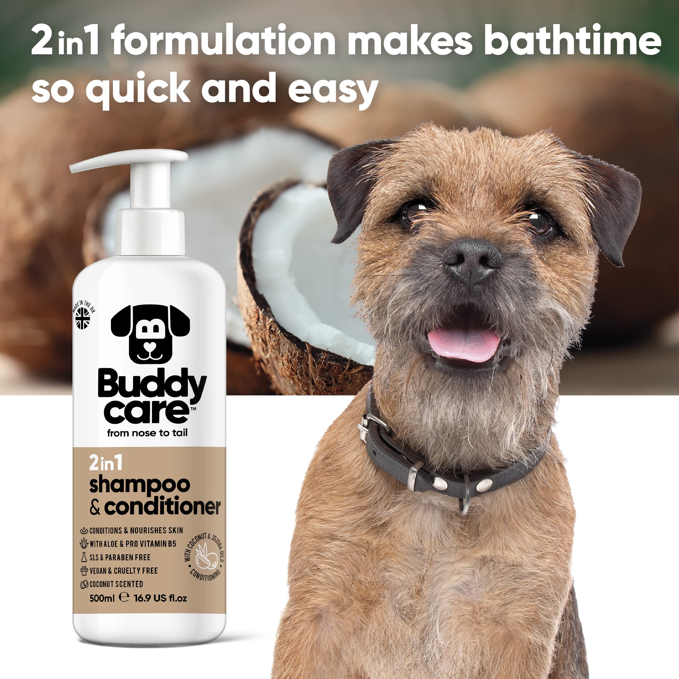 **Buddycare 2-in-1 Dog Shampoo & Conditioner with Coconut Scent, Aloe Vera & Pro Vitamin B5 – 500ml for Soft, Healthy Coat – Perfect for Bathing & Grooming at Home**