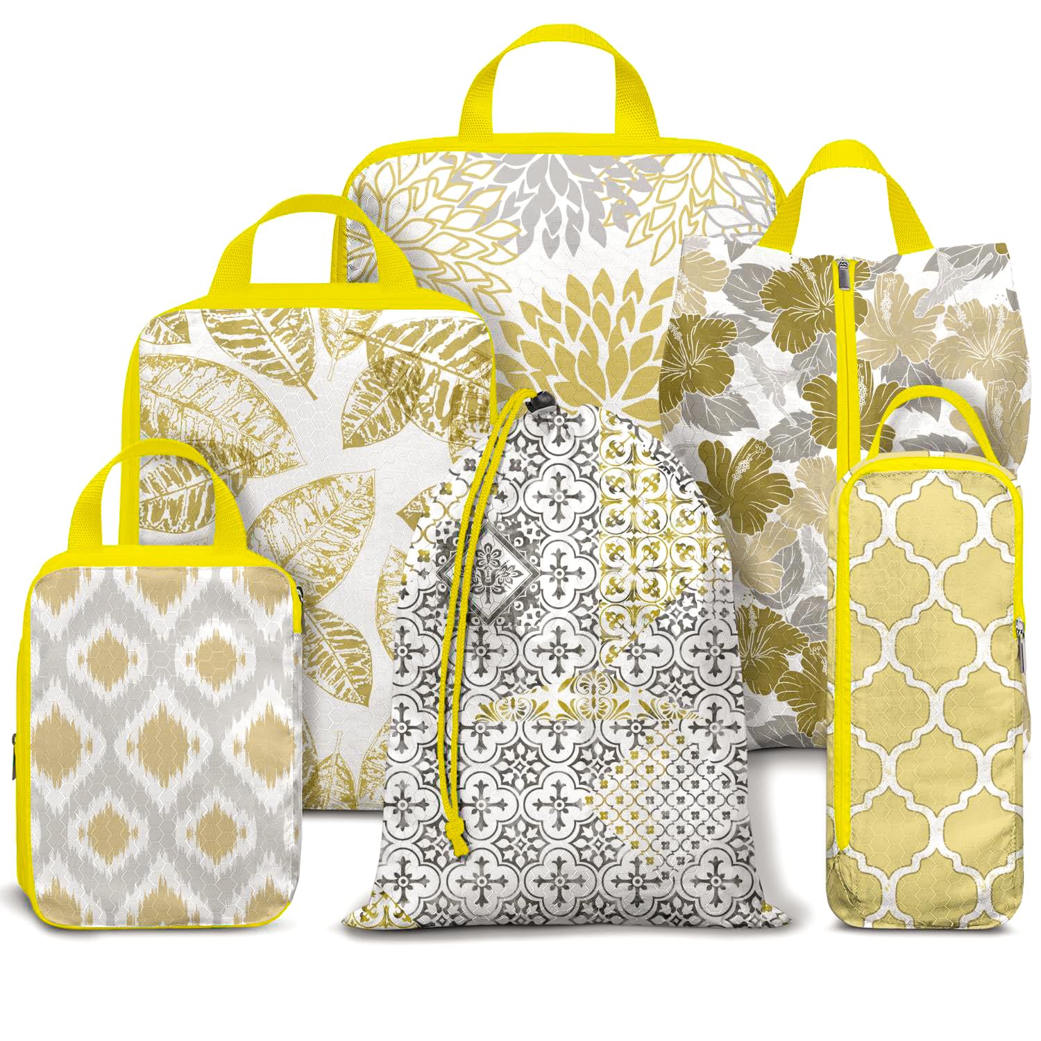 6-Piece Compression Packing Cubes Set for Travel - Ultralight Waterproof Luggage Organizers for Suitcases & Backpacks (Boho Geometric Leaf) - Perfect for Business Trips, Vacations & Weekend Getaways