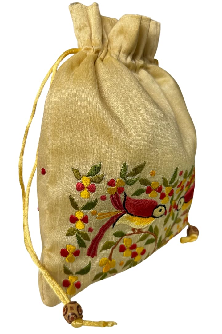 Lavanya Fashions Premium Raw Silk Embroidered Polti Handbag for Women - Cream Color | Elegant Clutch Purse for Parties, Weddings & Special Occasions