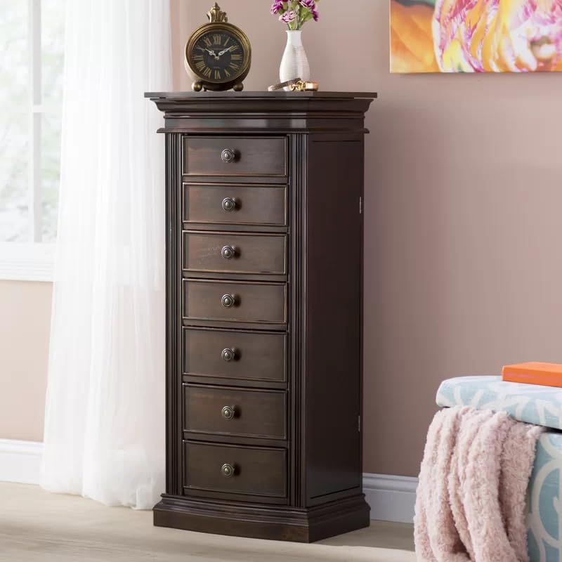 Hives & Honey Walnut Jewelry Armoire Cabinet with Mirror - 7 Drawers, 2 Side Doors for Necklace, Earring, Bracelet Storage - Perfect for Bedroom, Closet & Dressing Room Organization