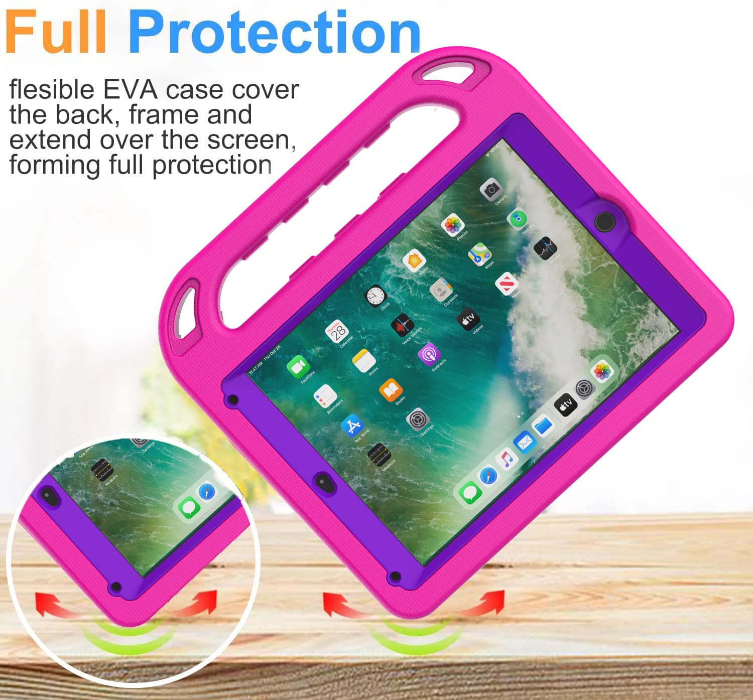 BMOUO Shockproof Kids iPad Case for iPad 9.7 (6th/5th Gen), iPad Air 2/1, iPad 2018/2017 - Built-in Screen Protector with Convertible Stand Handle | Perfect for School, Travel & Home Use - Purple Rose