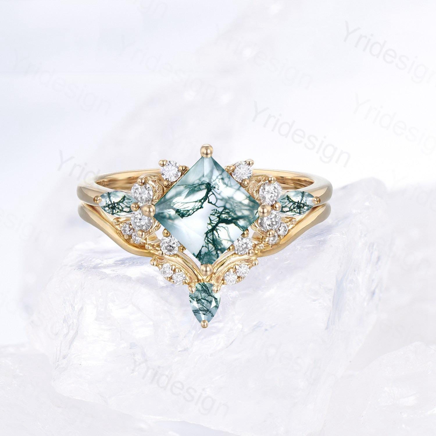 14K Rose Green Moss Agate Princess Cut Engagement Ring Set with Moissanite Accents - Art Deco Style Cluster Bridal Jewelry for Women - Perfect for Proposals, Weddings & Anniversary Gifts