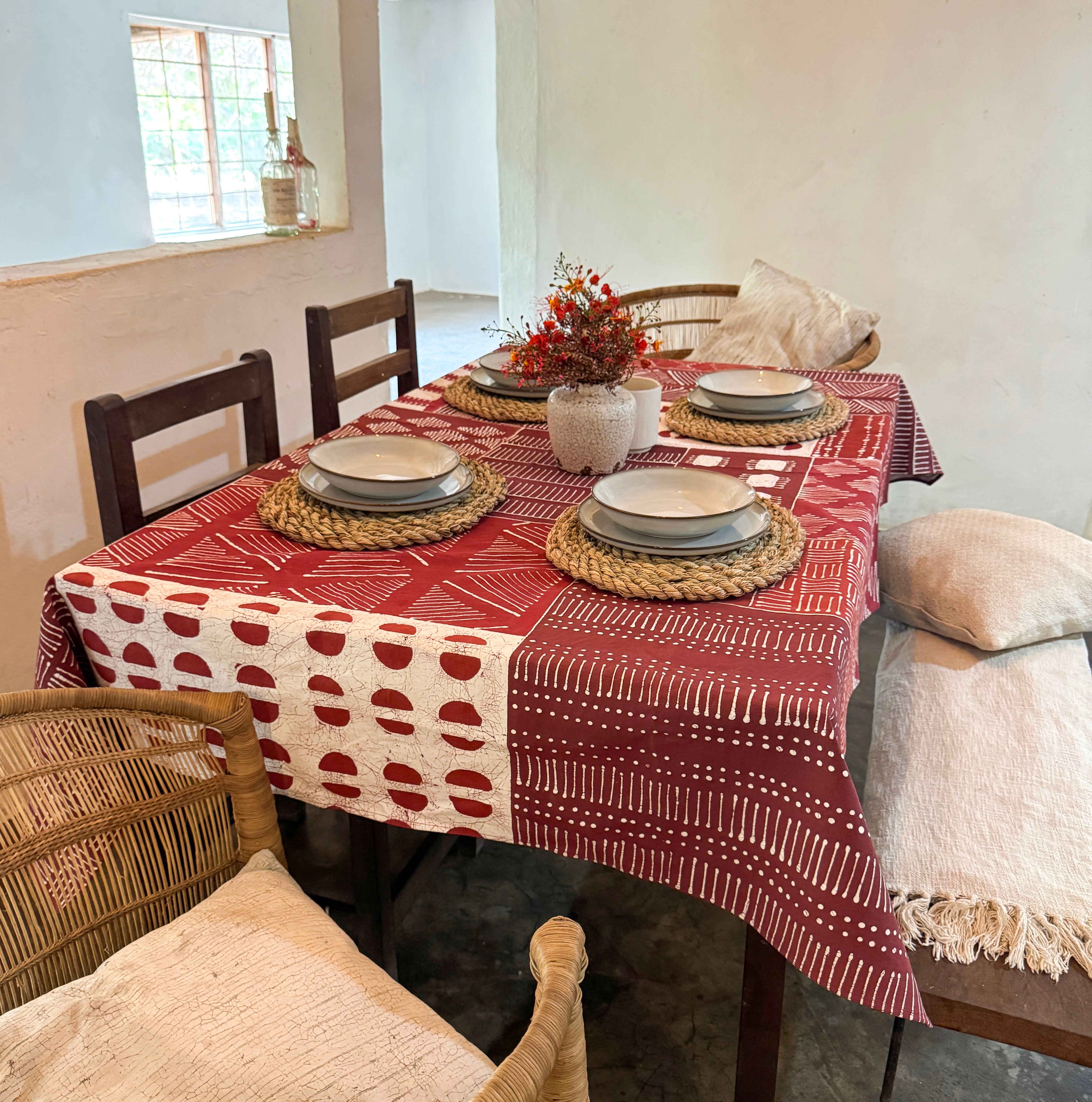 Tribal Cloth Crimson Tablecloth Patchwork - Handmade Bohemian Style Table Cover for Dining Room, Kitchen, and Outdoor Picnics
