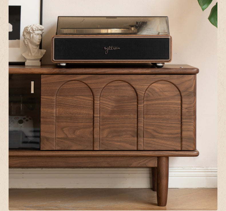 Solid Black Walnut Wood Retro TV Stand with Large Storage | Vintage Entertainment Center for Living Room & Home Theater