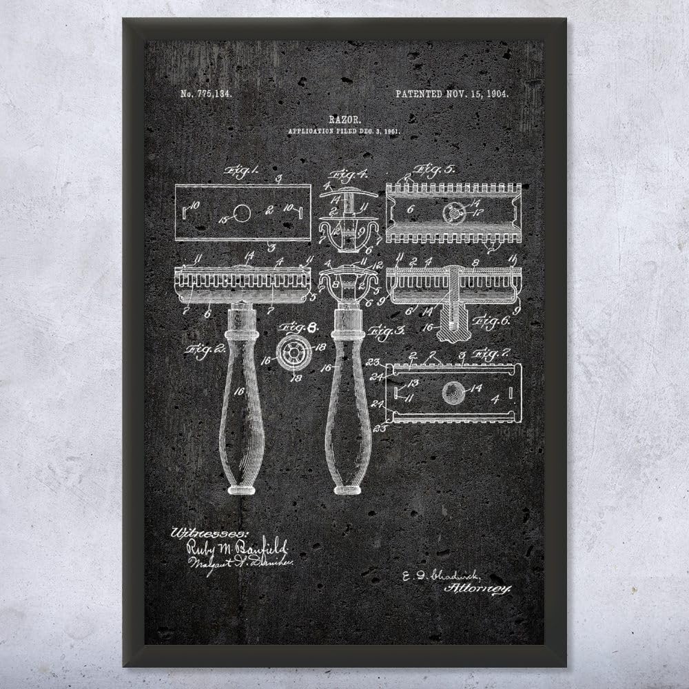 Vintage Framed Shaving Razor Print - Barber Shop Wall Art Decor for Bathroom, Salon & Man Cave - Unique Barber Gift for Men, Stylist Present - Dark Concrete Poster (13x19 Inches) - Perfect for Grooming Stations, Retro Bathrooms & Masculine Home Decor