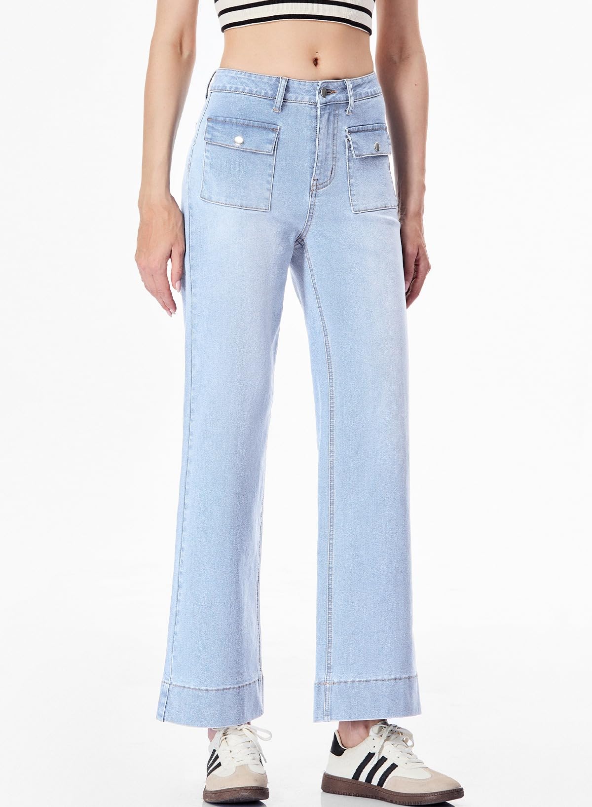 Sidefeel Women's High Waisted Wide Leg Stretchy Jeans with Patch Pockets | Comfortable Spring Outfit | Perfect for Casual Wear, Office & Date Night