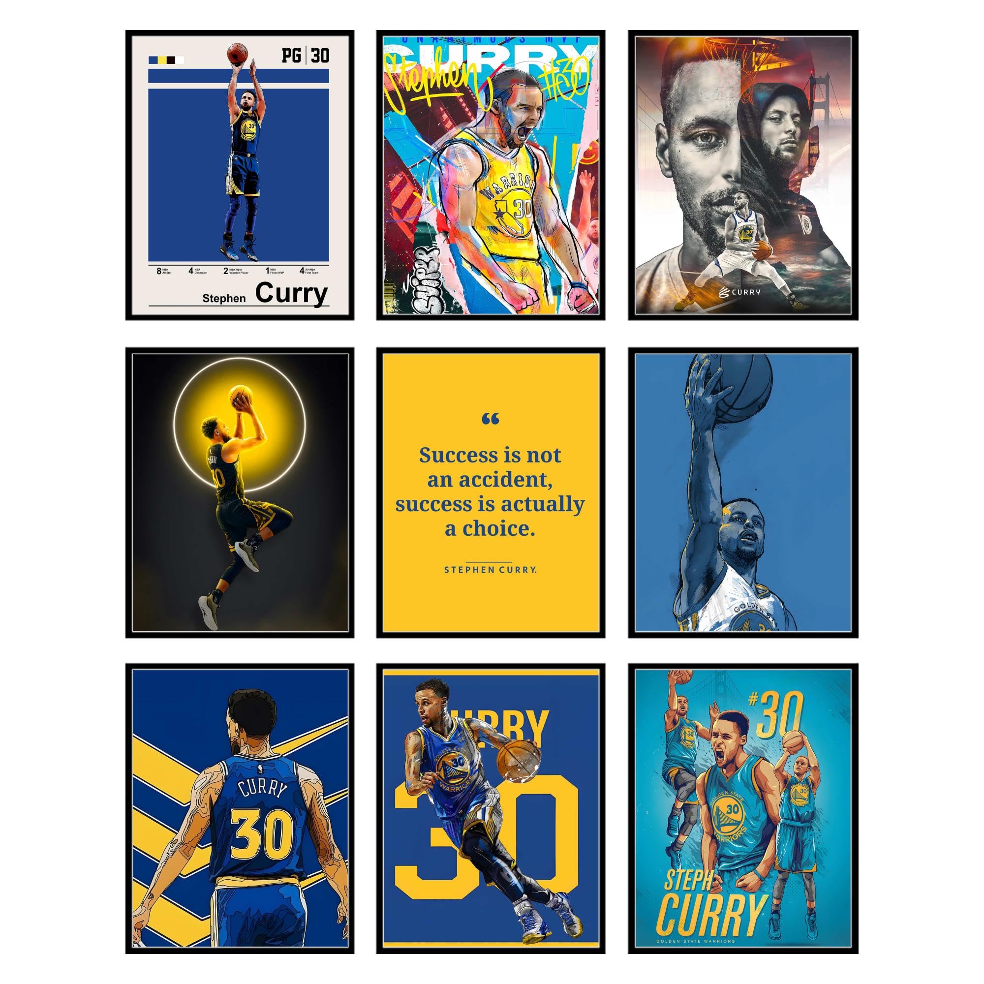 BigWig Prints Steph Curry Poster Set - 9 Unframed 8x10 NBA Basketball Wall Art Decor for Boys Bedroom, Golden State Warriors Fan Gift, Stephen Curry Wall Decor for Sports Themed Rooms - Perfect for Game Rooms, Dorm Decor, and Basketball Lovers