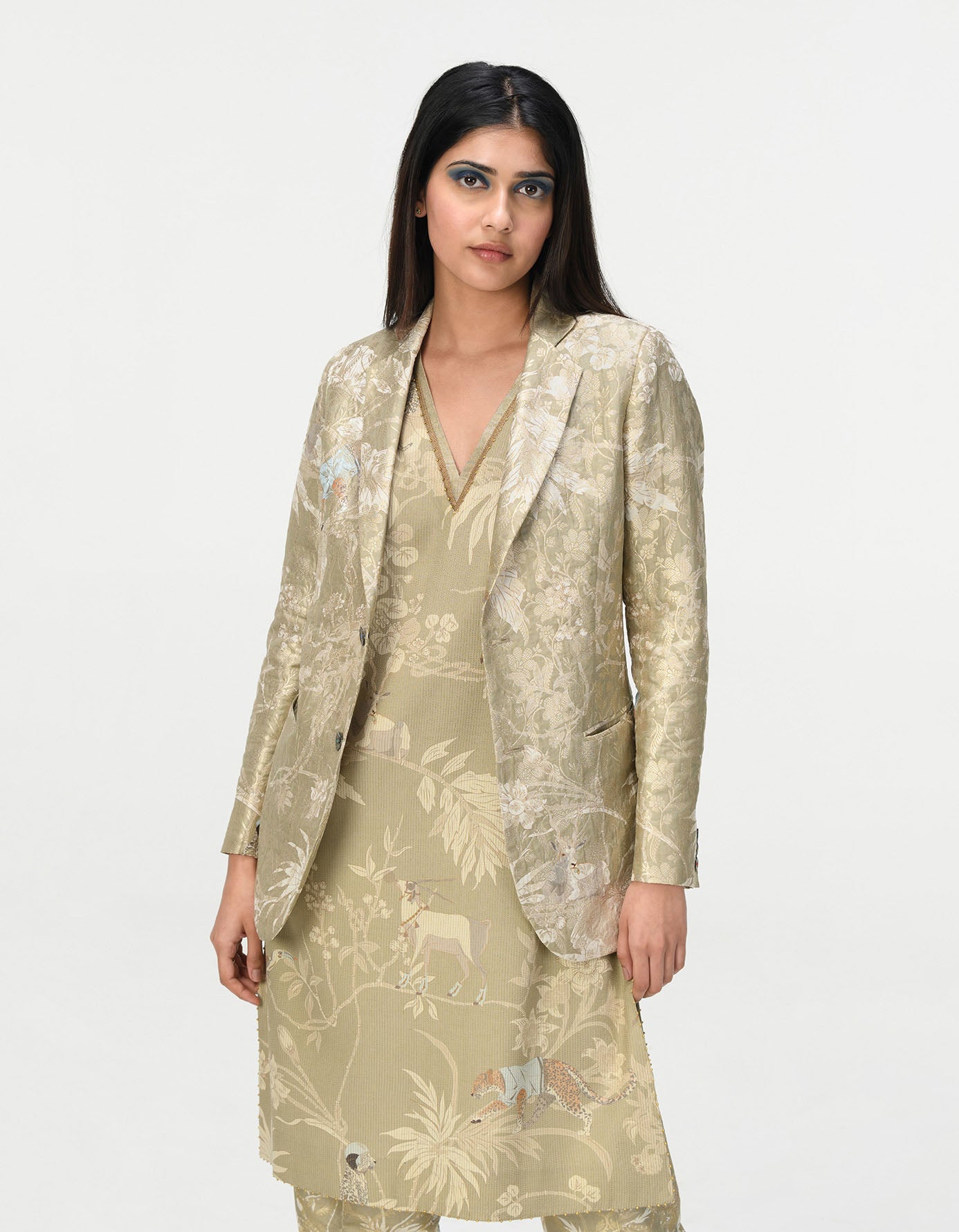 Roshan V Neck Kurta for Women - Premium Muga Satin Fabric in Oyster Grey - Elegant Indian Ethnic Wear for Festivals & Special Occasions
