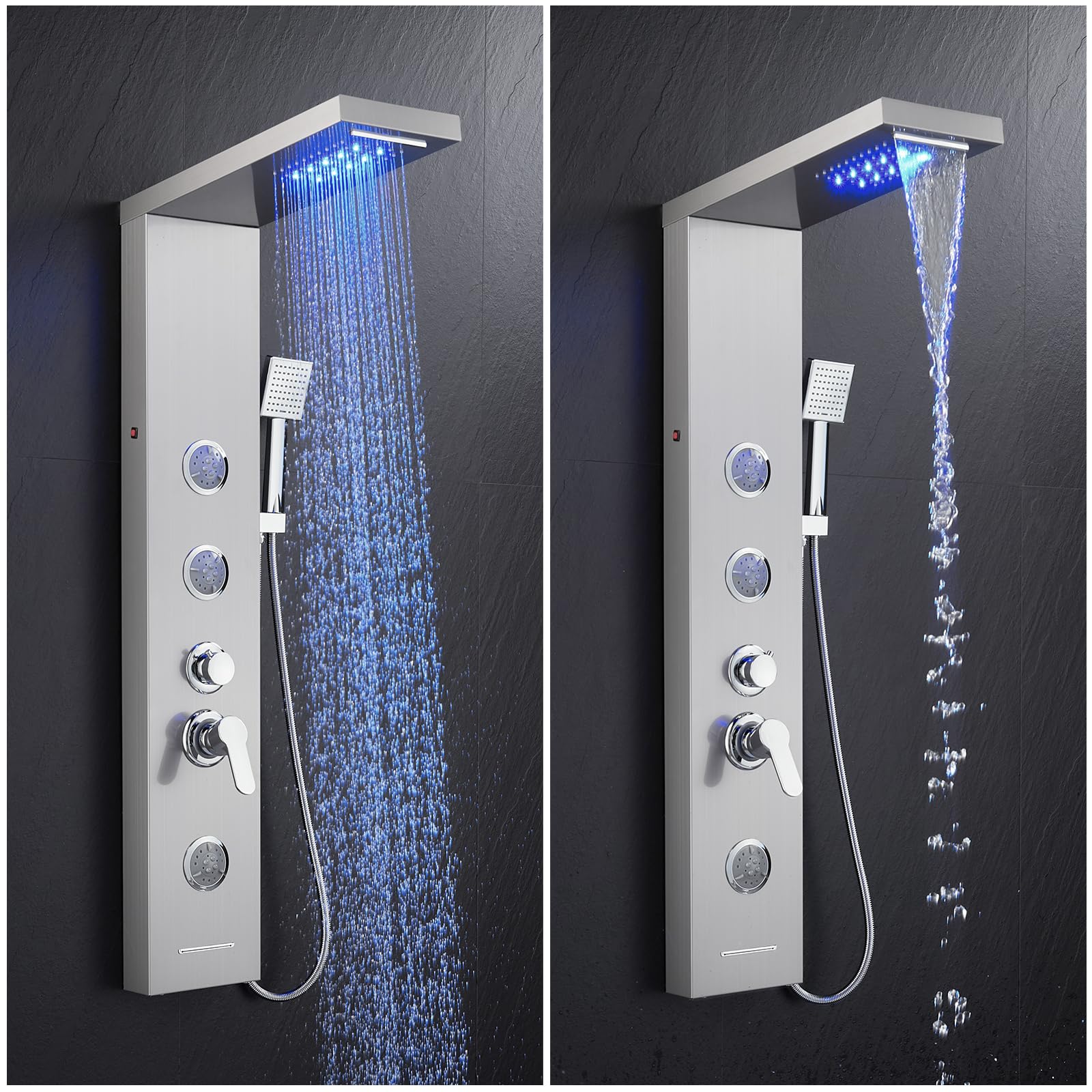 5 in 1 Shower Panel Tower System with LED Lights - Rainfall & Waterfall Shower Head, 3 Adjustable Body Jets, Handheld Shower & Tub Spout (Brushed Nickel) - Luxury Bathroom Upgrade for Spa-Like Experience at Home