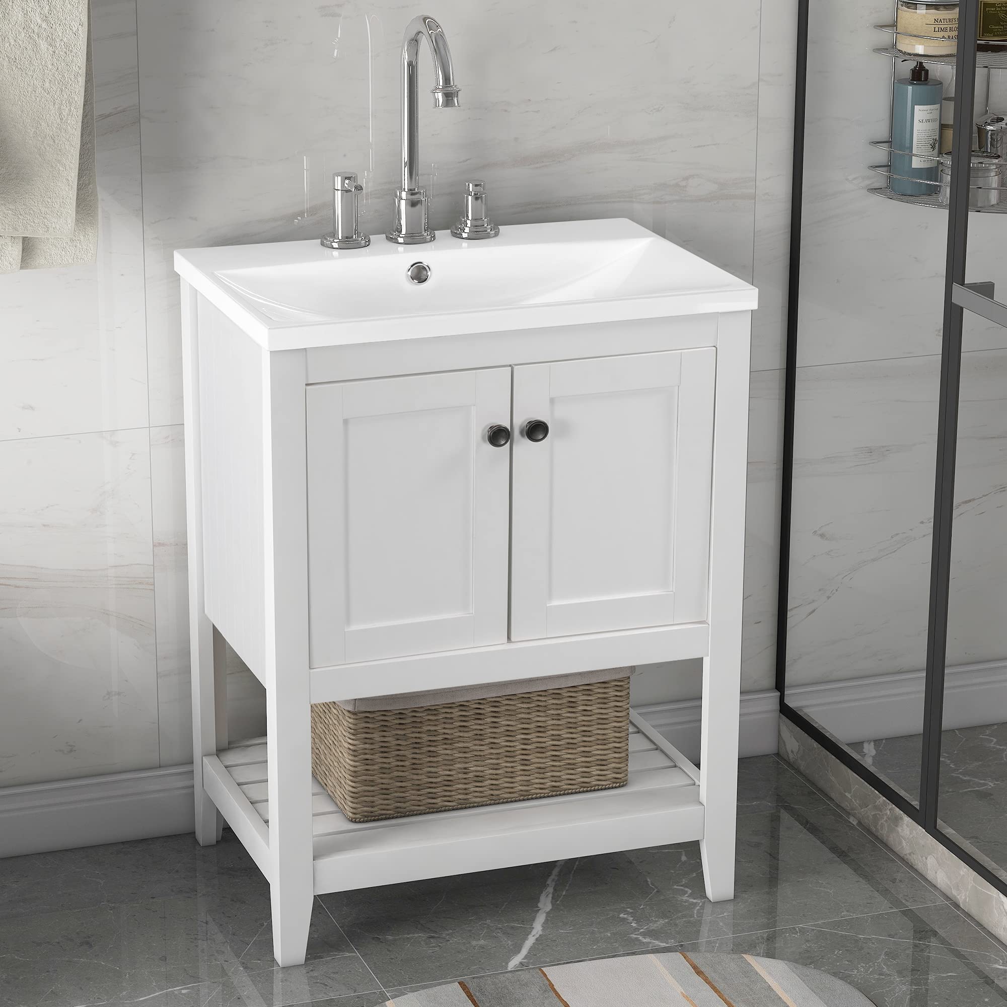 24 Inch White Modern Freestanding Bathroom Vanity with Undermount Ceramic Sink - Two Door Storage Cabinet with Open Shelf for Small Bathrooms | Space-Saving Bathroom Furniture for Apartments & Powder Rooms