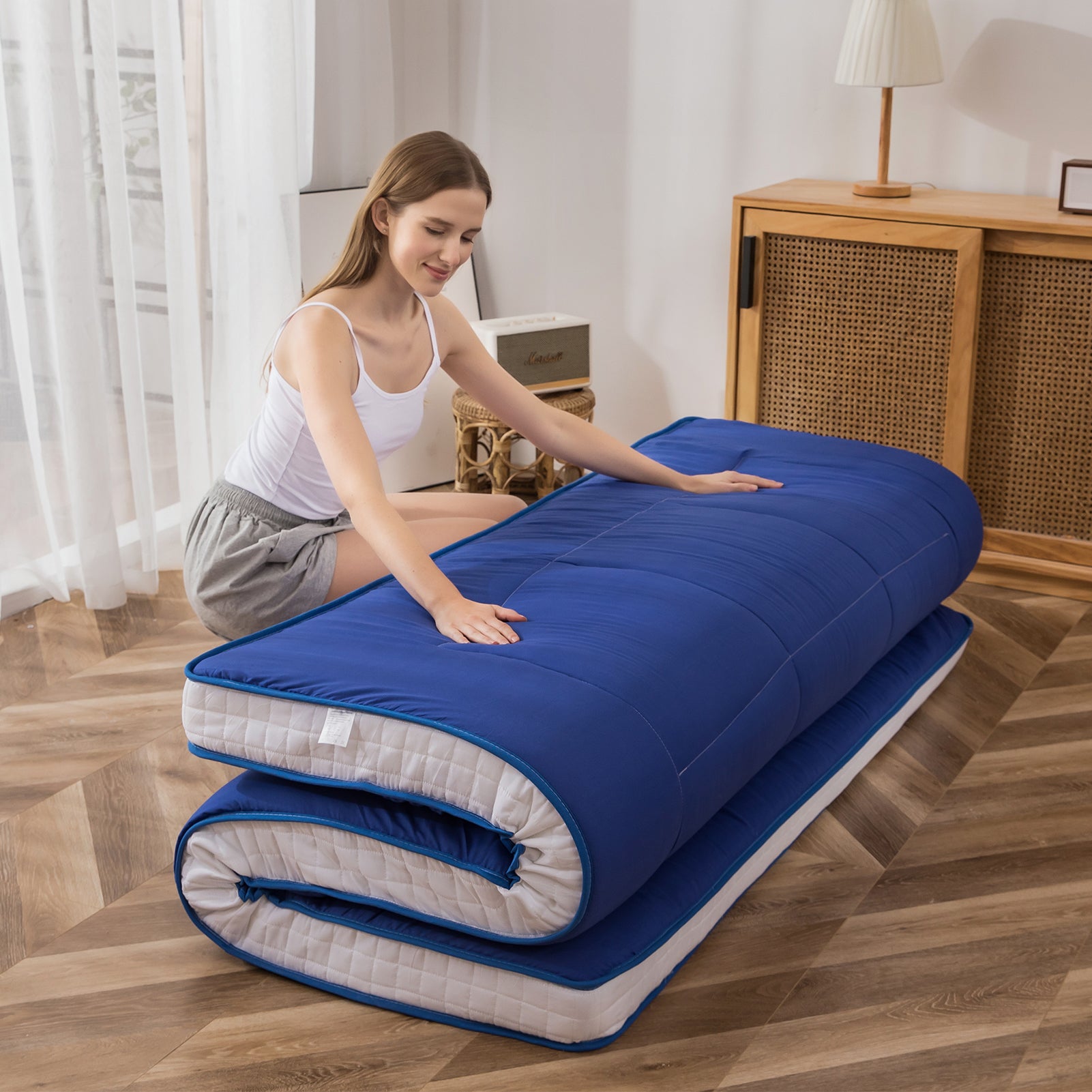 MAXYOYO Extra Thick Japanese Floor Futon Mattress - Royal Blue Foldable Sleeping Pad for Bedroom, Guest Room & Travel | Comfortable Floor Bed for Adults & Kids