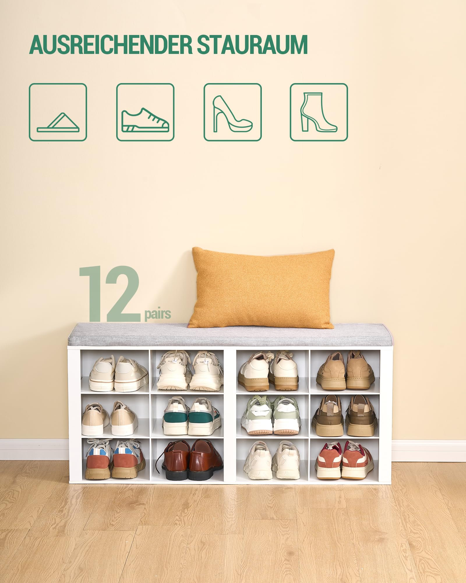 White Shoe Bench with Cushion - 12-Cubby Entryway Storage Bench with Adjustable Shelves | Shoe Organizer Cabinet for Living Room, Bedroom & Hallway | Perfect for Small Spaces, Apartment Entry & Shoe Storage Solutions