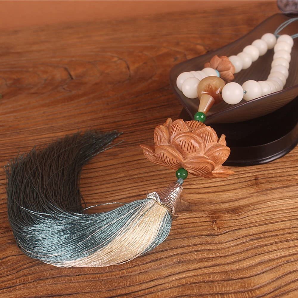 Wood Carved Lotus Car Mirror Hanging Charm with White Jade Bodhi Beads - Handmade Buddhist Car Accessories for Men & Women - Perfect for Rearview Mirror Decoration, Meditation & Spiritual Protection While Driving