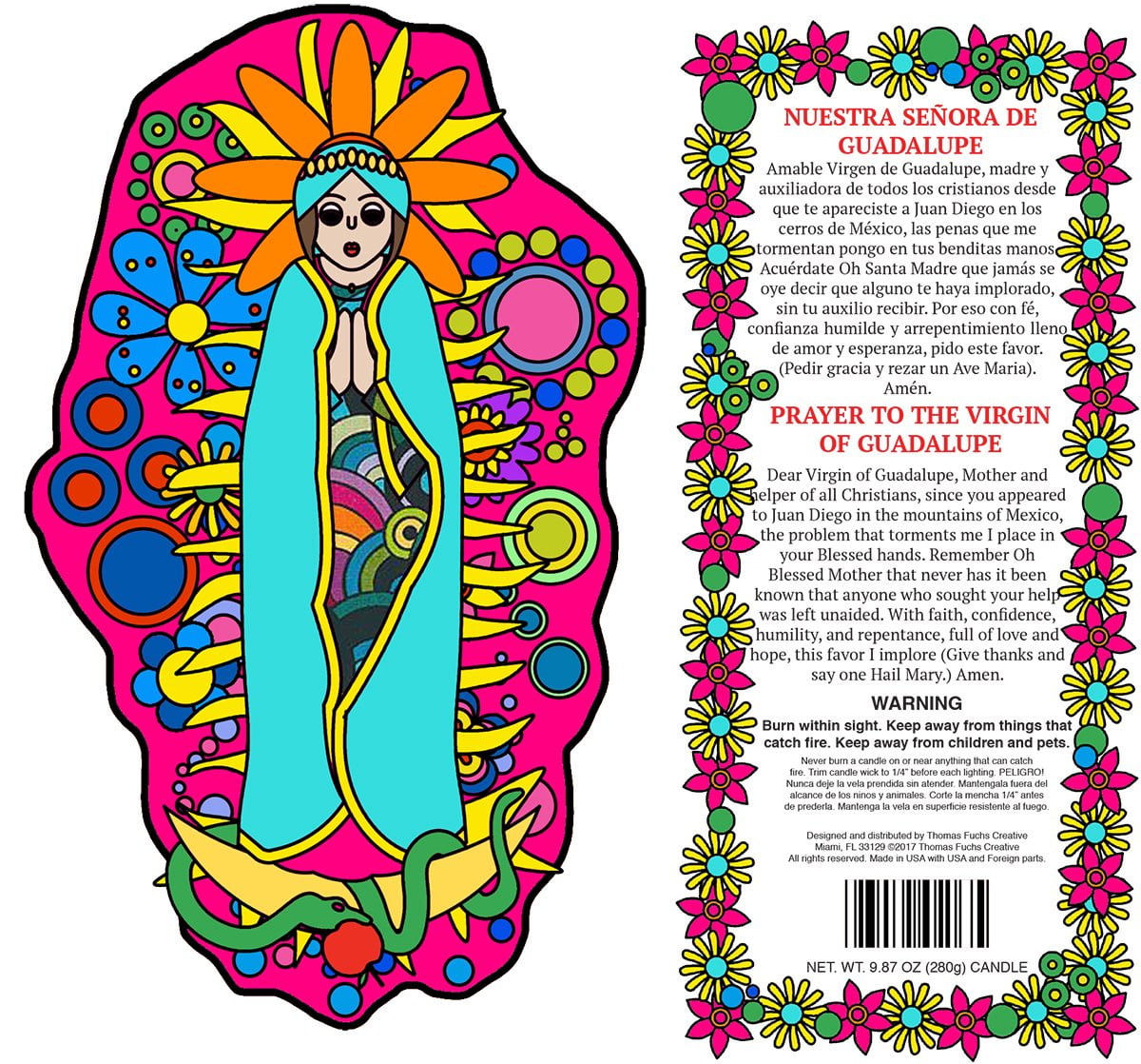 Virgin of Guadalupe Candle - Vibrant Pop Art Style Religious Candle for Prayer, Home Altar & Spiritual Decor