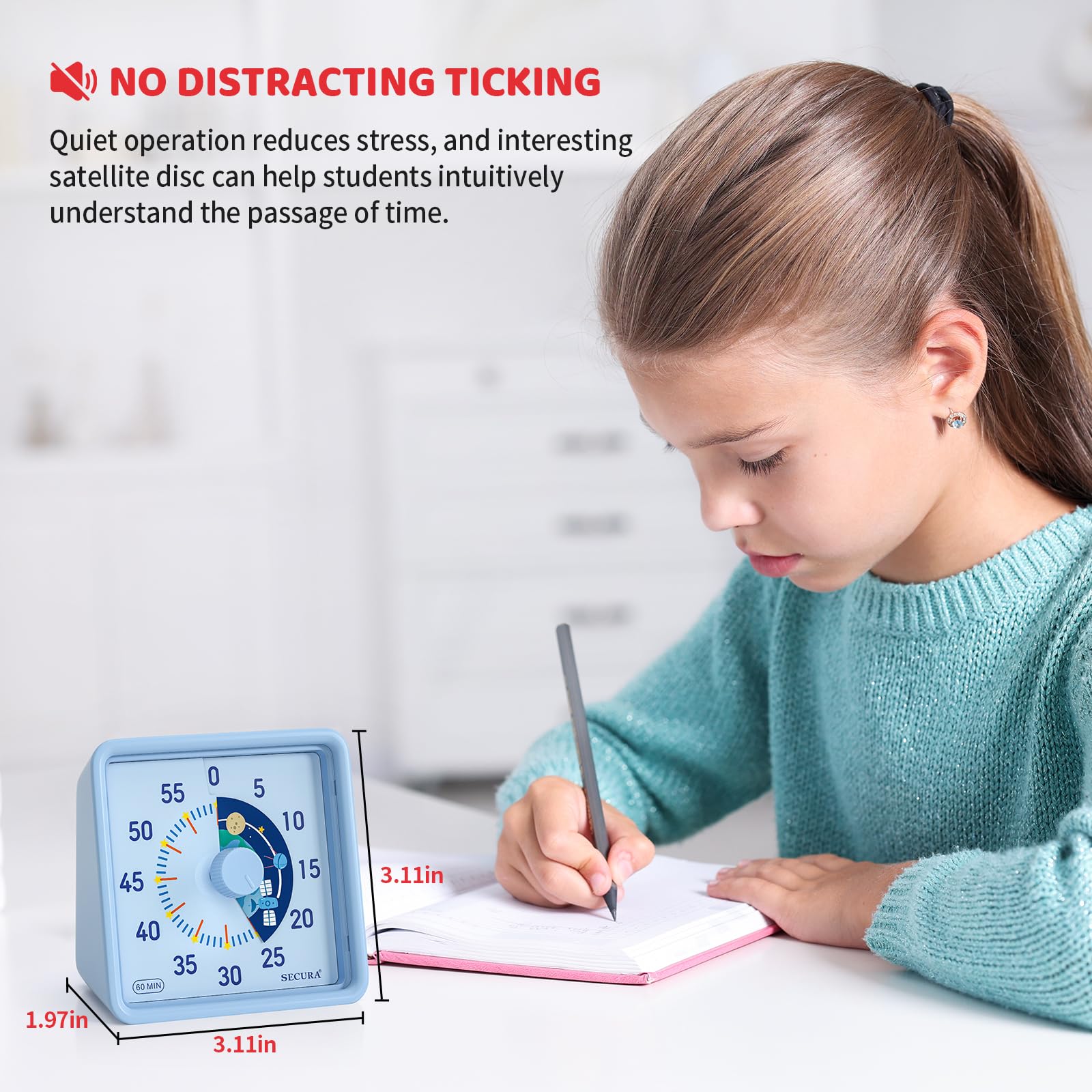 Secura 60-Minute Visual Timer for Kids & Adults - Silent Countdown Clock for Classroom, Office, Kitchen - Blue Time Management Tool for Homework, Cooking, Meetings & Productivity Tasks