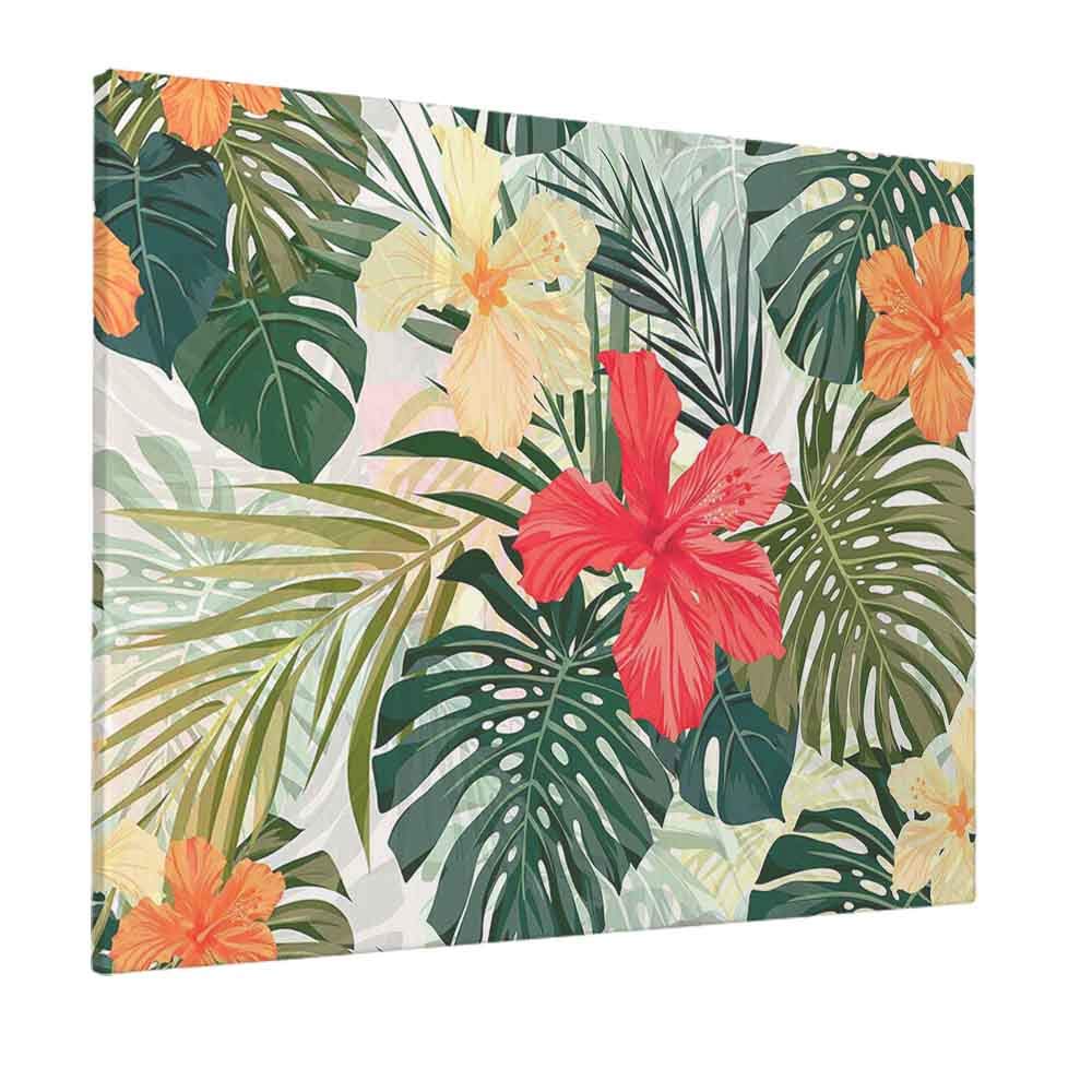 Vibrant Hibiscus Flower Wall Art - 20x24 Inch Tropical Hawaiian Canvas Print with Palm Leaves, Summer-Themed Framed Painting for Living Room, Bedroom, Bathroom & Office Decor | Perfect for Beach House, Vacation Rental & Boho Home Styling