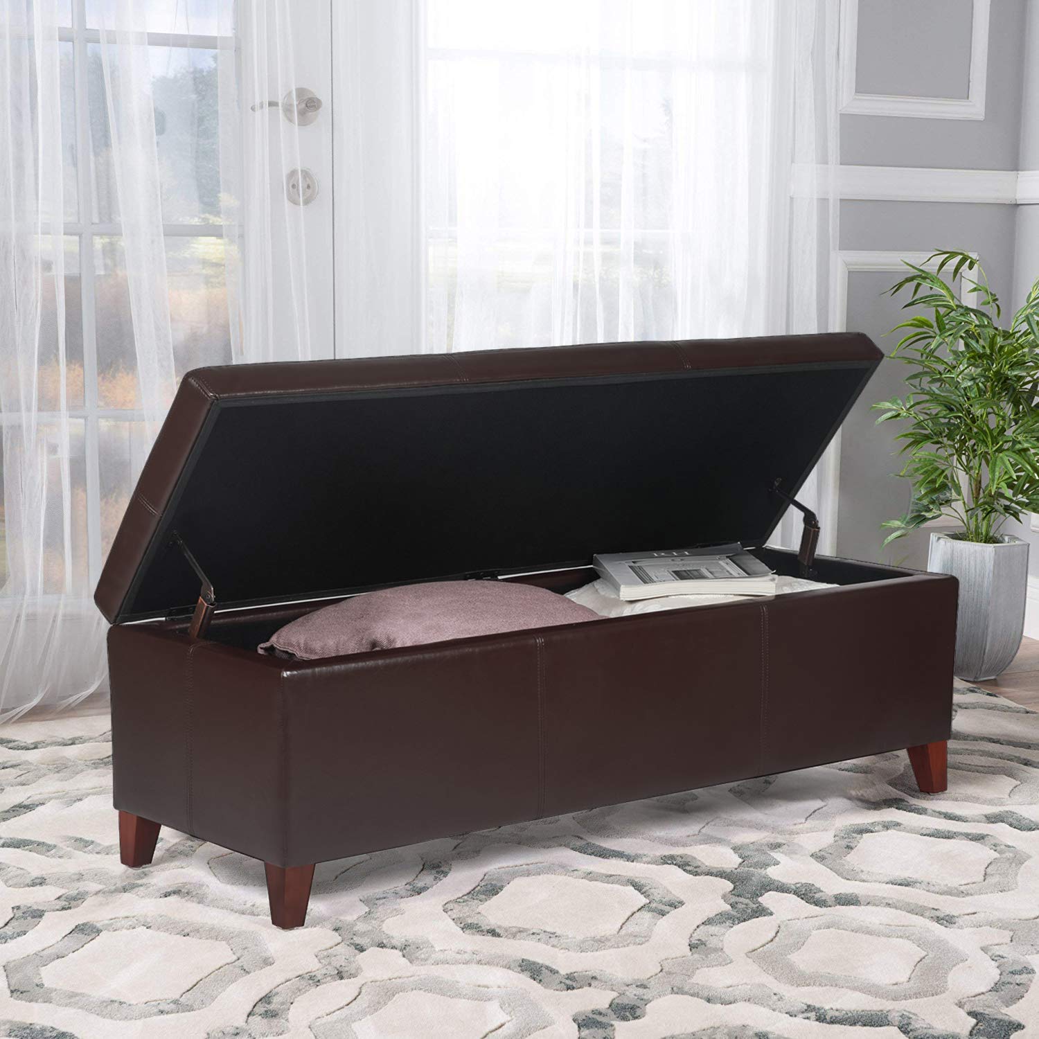 Homebeez Large Leather Storage Ottoman Bench - Multi-Functional Footrest, Shoe Bench for Entryway, Living Room, Bedroom - Brown (OF0238-1) | Perfect for Small Space Organization & Extra Seating