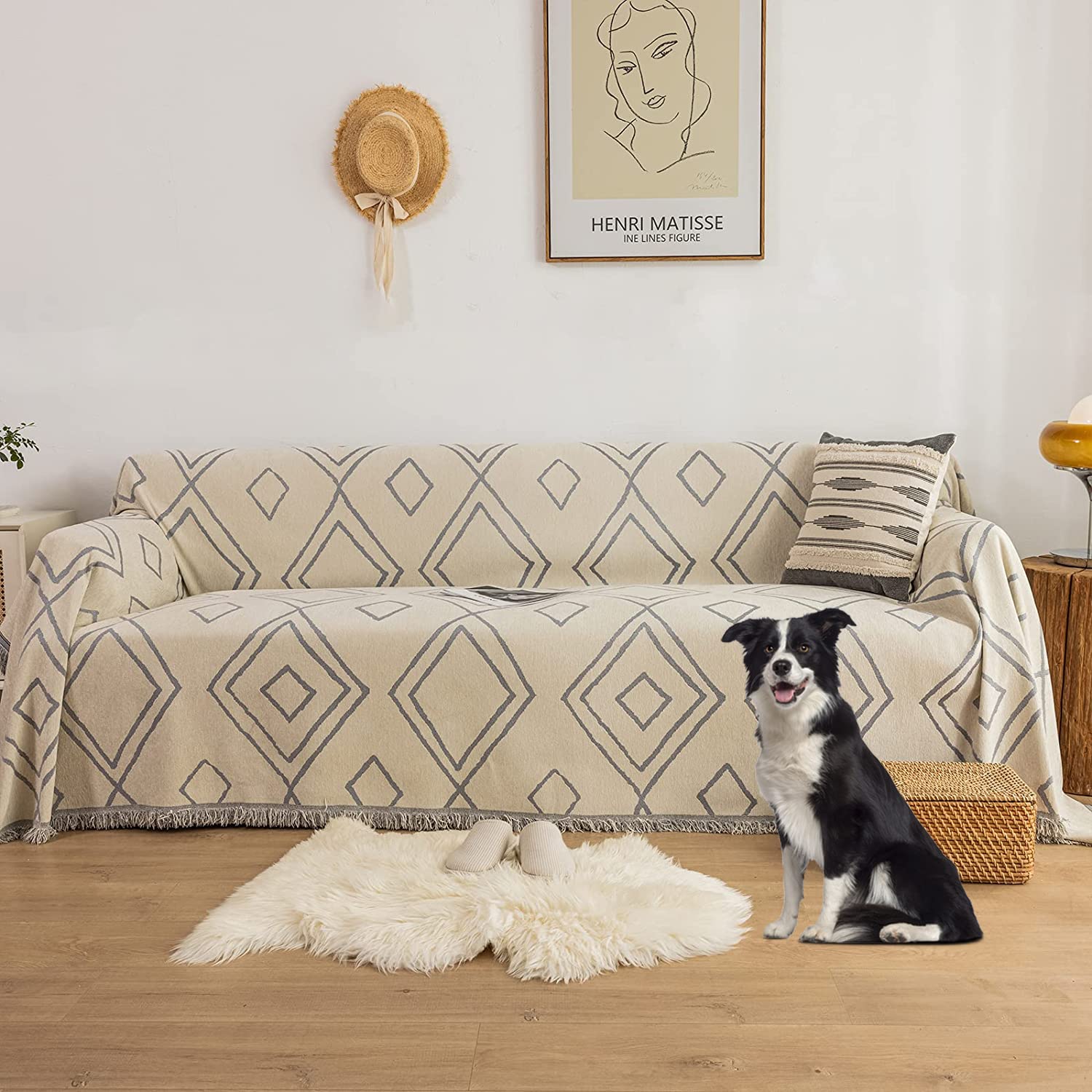 Minimalist Beige Chenille Sofa Cover for 3-4 Cushion Sectional Couches - Rhomboid Pattern, Pet-Friendly Furniture Protector (71