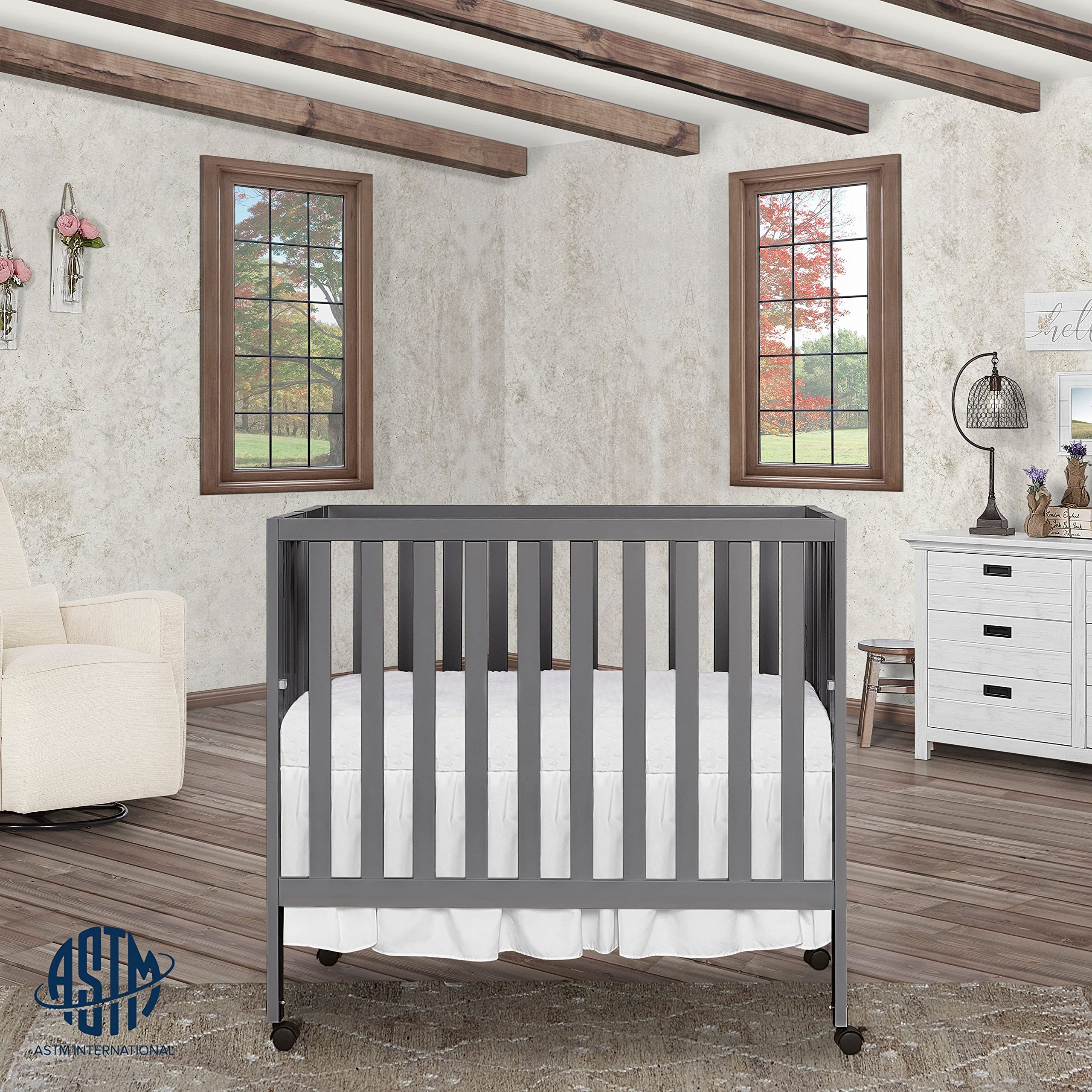 Dream On Me Jett Convertible Folding Crib - Lightweight Portable Travel Crib with 3 Adjustable Mattress Heights | Includes 1.5