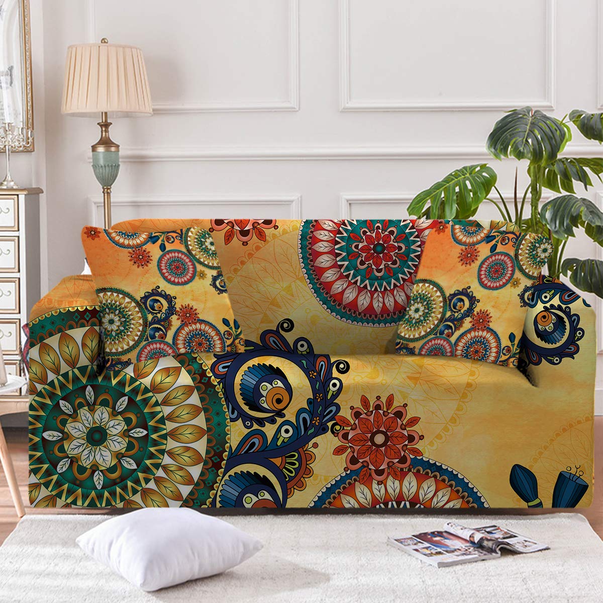 Sleepwish Printed Stretch Sofa Slipcover - 3 Cushion Couch Cover, Loveseat & Armchair Protector | Retro Mandala Design with 2 Free Pillow Covers | Perfect for Living Room, Apartment & Home Decor