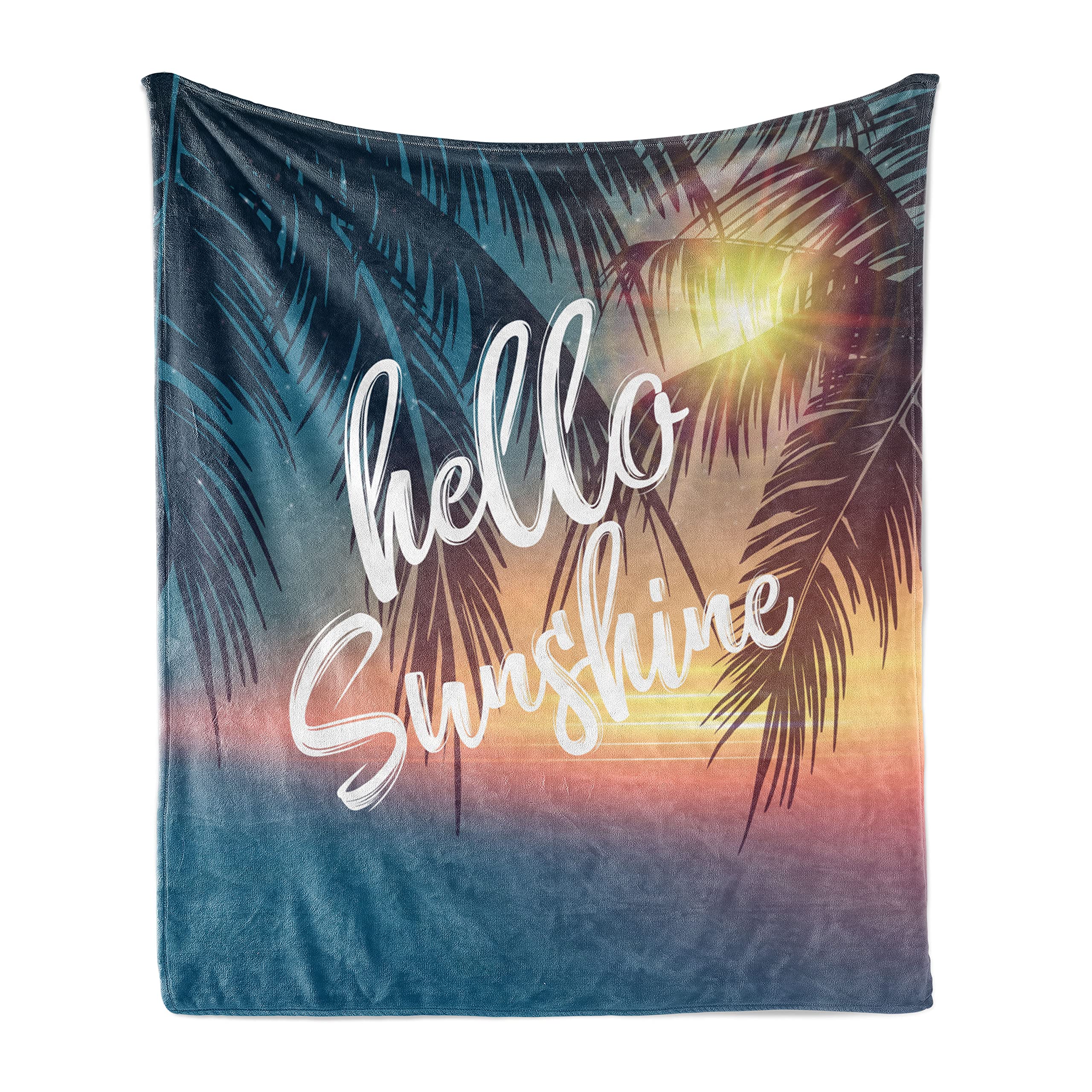 Ambesonne Hello Sunshine Throw Blanket - Dreamy Tropical Beach with Abstract Sunset & Palm Trees Design - Soft Flannel Fleece Blanket for Couch, Bed, Sofa - 70