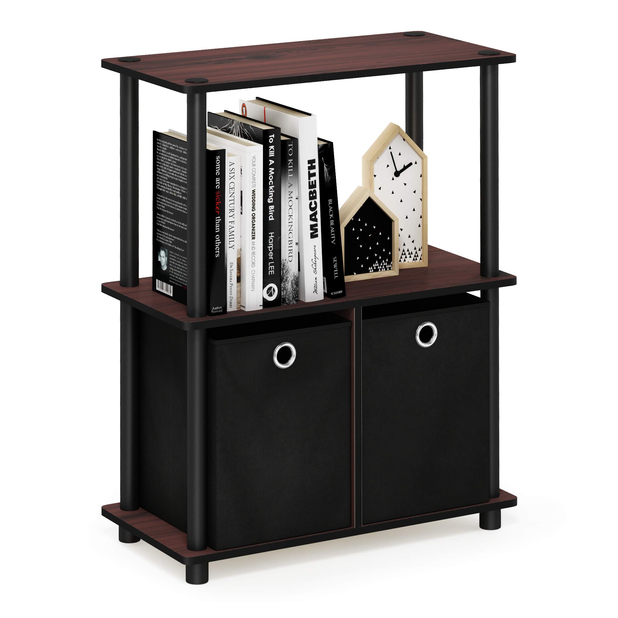 Furinno Go Green 3-Tier Multipurpose Storage Shelf with Bins - Dark Cherry/Black - Space Saving Organizer for Home, Office, Closet & Garage Storage