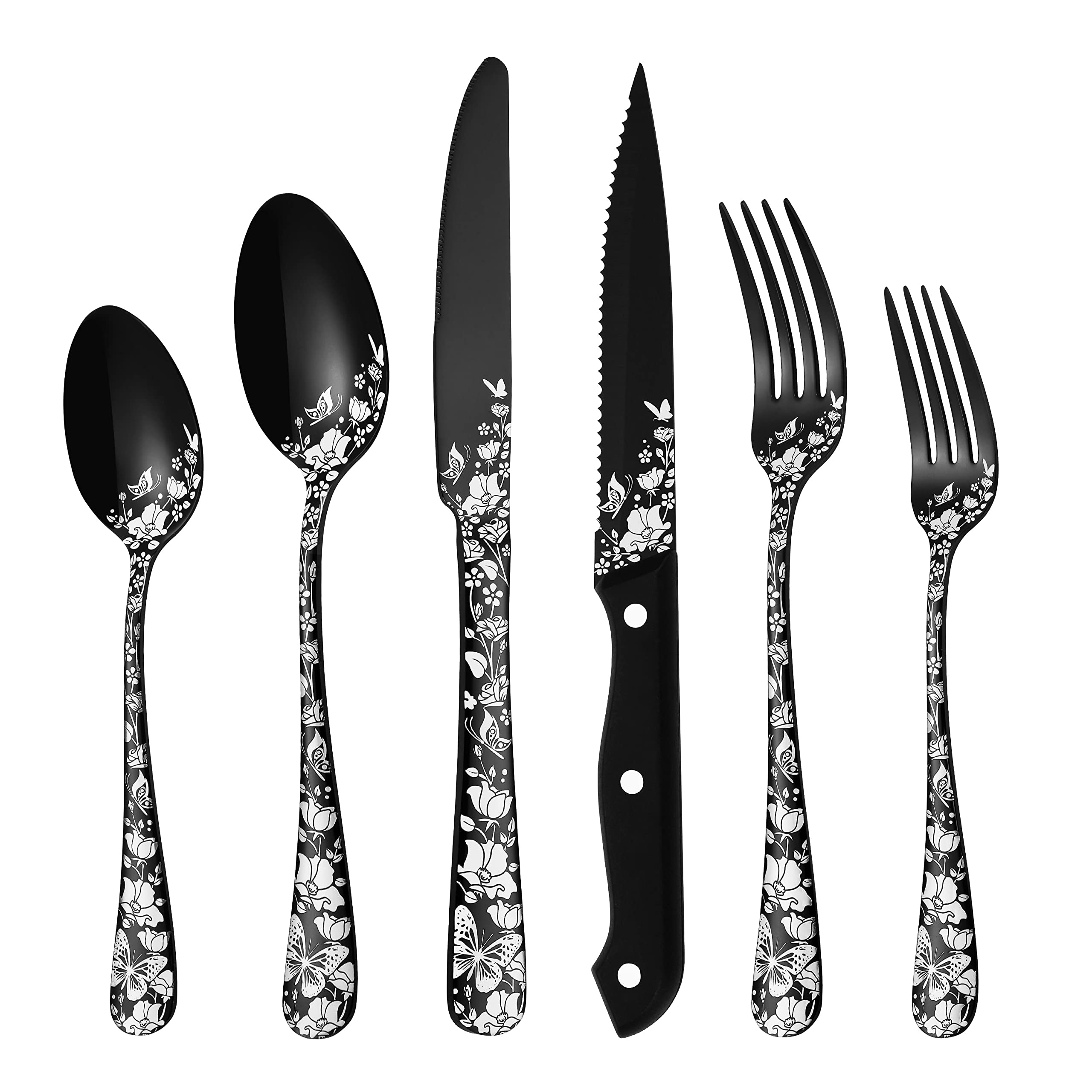 Stapava 36-Piece Black Silverware Set with Steak Knives - Premium Stainless Steel Flatware Cutlery Set, Mirror Polished & Dishwasher Safe - Perfect for Dinner Parties, Restaurants, and Elegant Home Dining