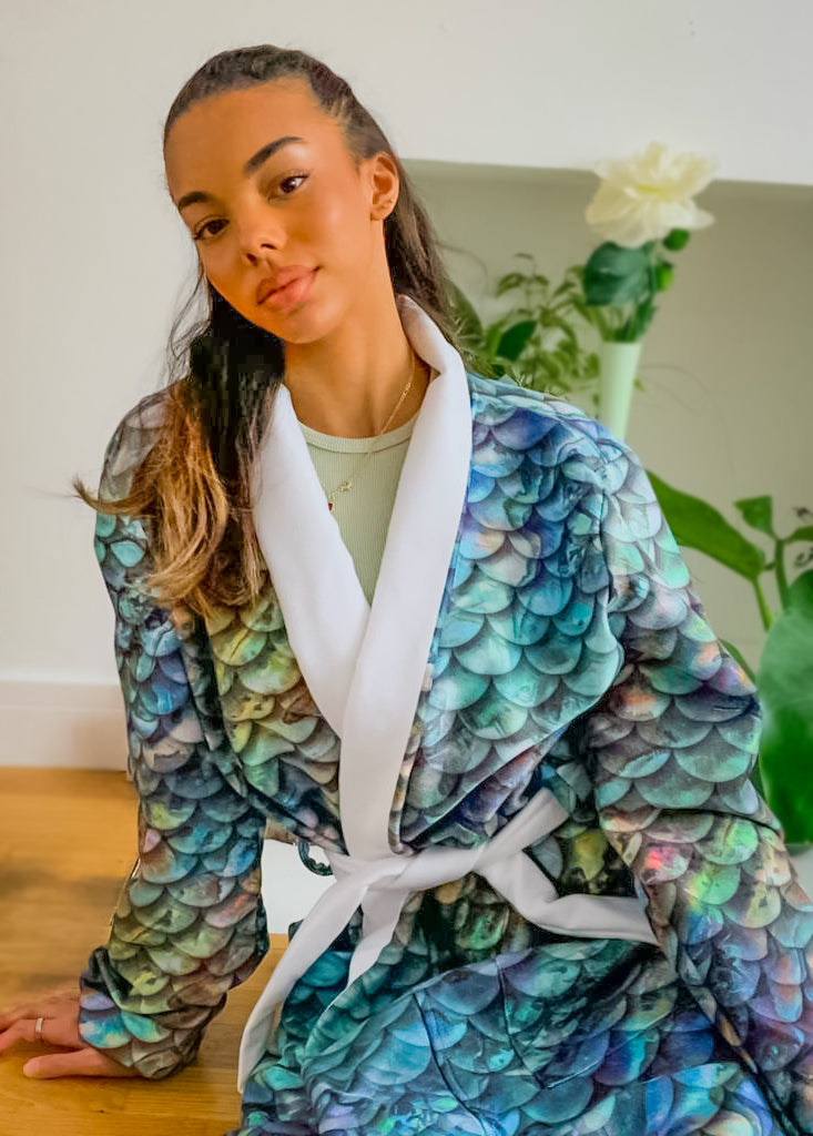 Luxury Terry Abalone Mermaid Scale Bathrobe by Cape Cali - Soft Plush Kimono Robe for Women, Spa, Beach Cover Up & Loungewear