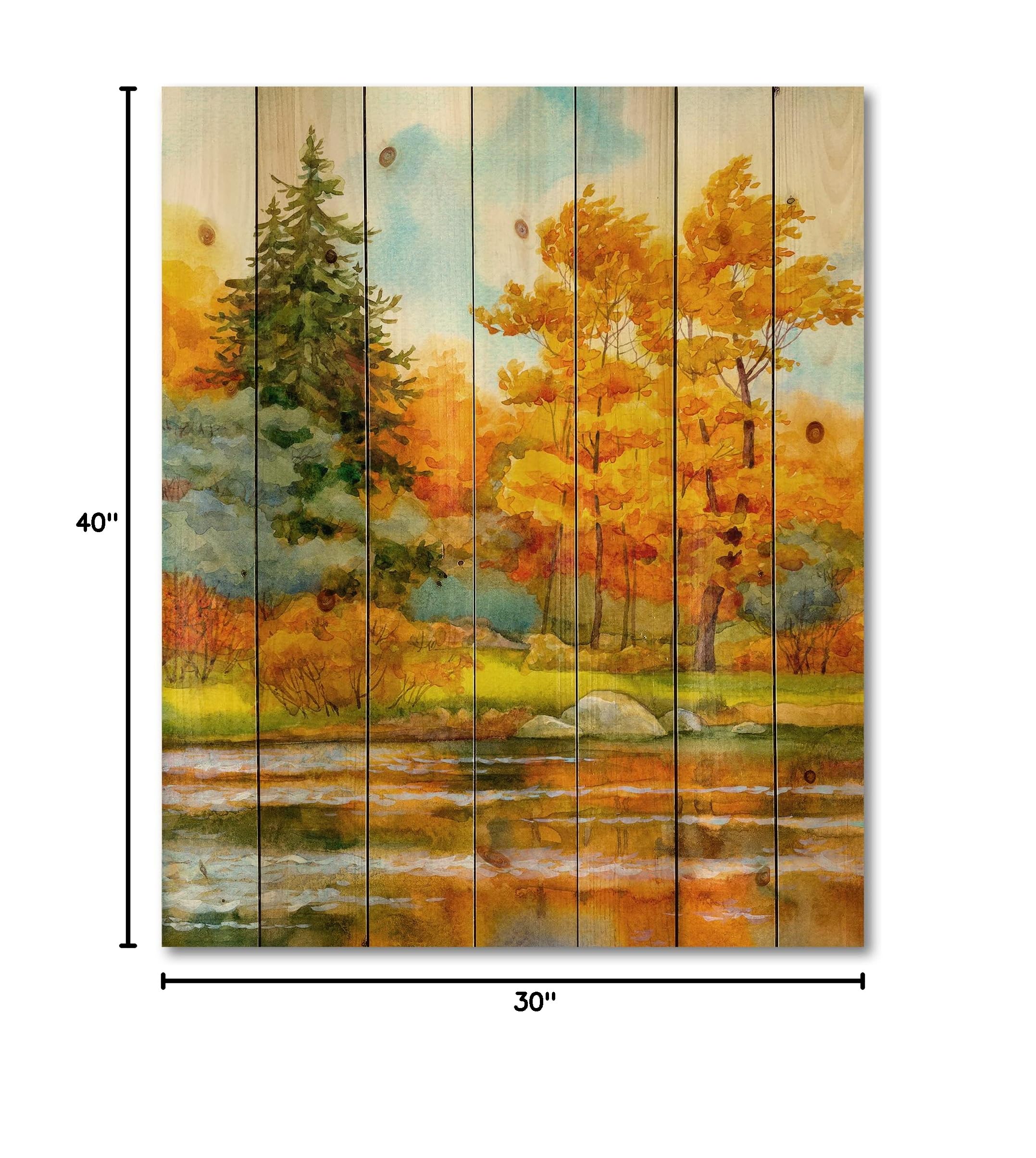 Autumn Forest Lakeside Wood Wall Art - Large Landscape Pine Wood Panel Decor for Lake House, Rustic Cabin & Living Room - Handcrafted Orange Wood Wall Hanging for Home & Office Interior Design