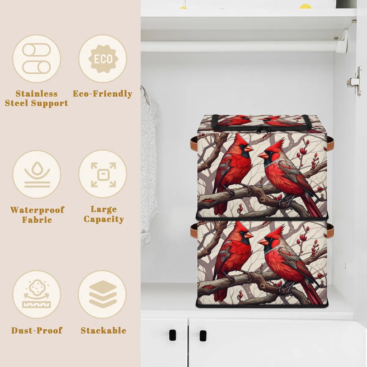 Graceful Birds Storage Bins with Zipper Lid & Handle - 14.2 x 10.2 x 10 Inch Foldable Stackable Closet Organizers - Perfect for Bedroom, Bathroom & Kids Room Storage (2-Pack)