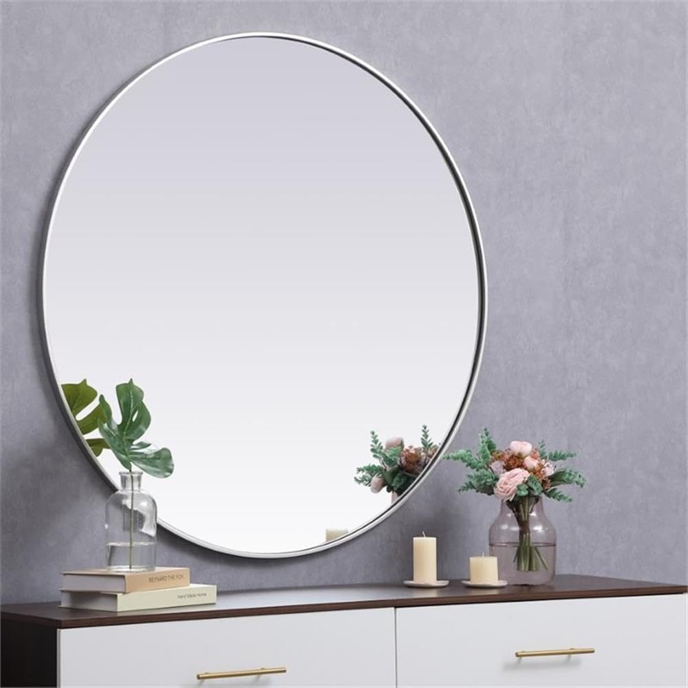Allora 45-Inch Round Mid-Century Modern Silver Metal Frame Beveled Wall Mirror - Perfect for Living Room, Bedroom & Entryway Decor