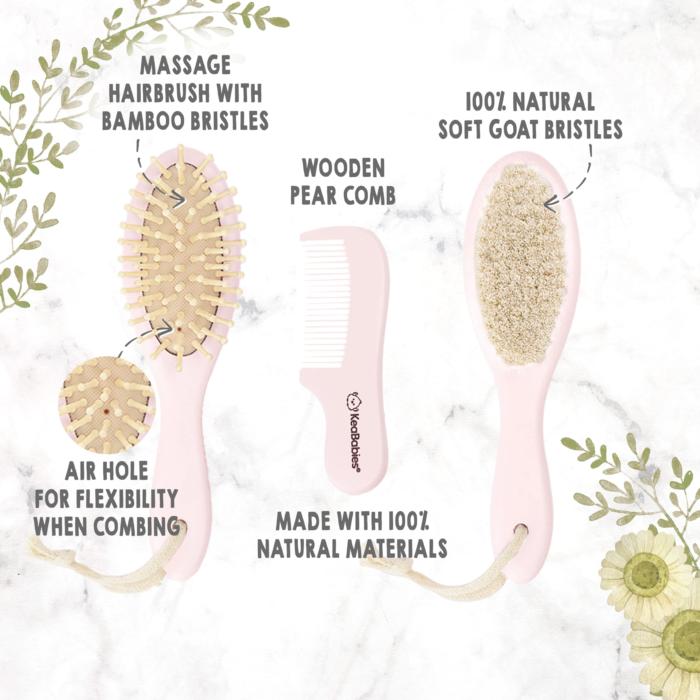 **Natural Wooden Baby Hair Brush & Comb Set with Soft Goat Bristles for Newborns - Cradle Cap Care & Gentle Hair Styling | Includes Washcloths & Towels (Blush Pink) - Perfect for Bath Time, Baby Showers & Daily Grooming**