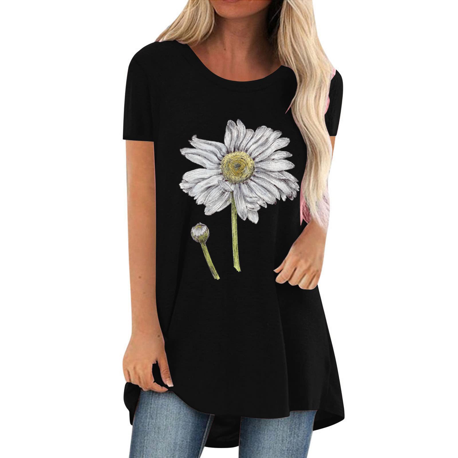 Women's Summer Long T-Shirts - Floral Print Tunic Tops, Short Sleeve Crewneck Loose Tees for Casual Wear, Beach & Vacation Outfits