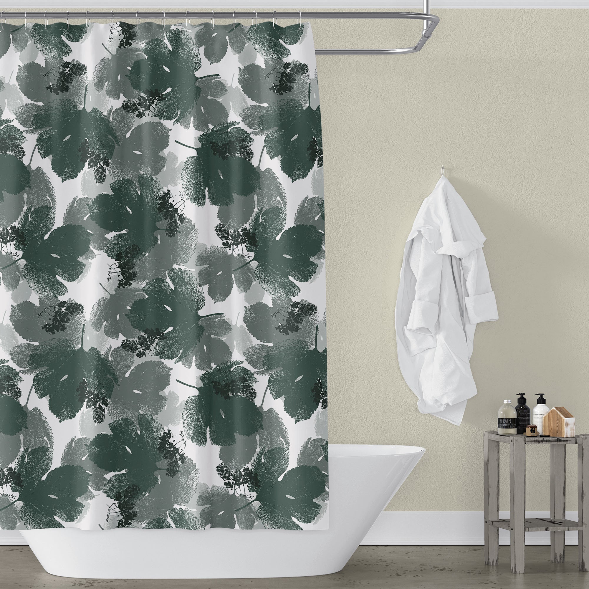 Stylish Hops Green Leaf Print Shower Curtain - Waterproof Bathroom Decor for Modern Homes | Perfect for Farmhouse, Bohemian & Nature-Inspired Bathrooms