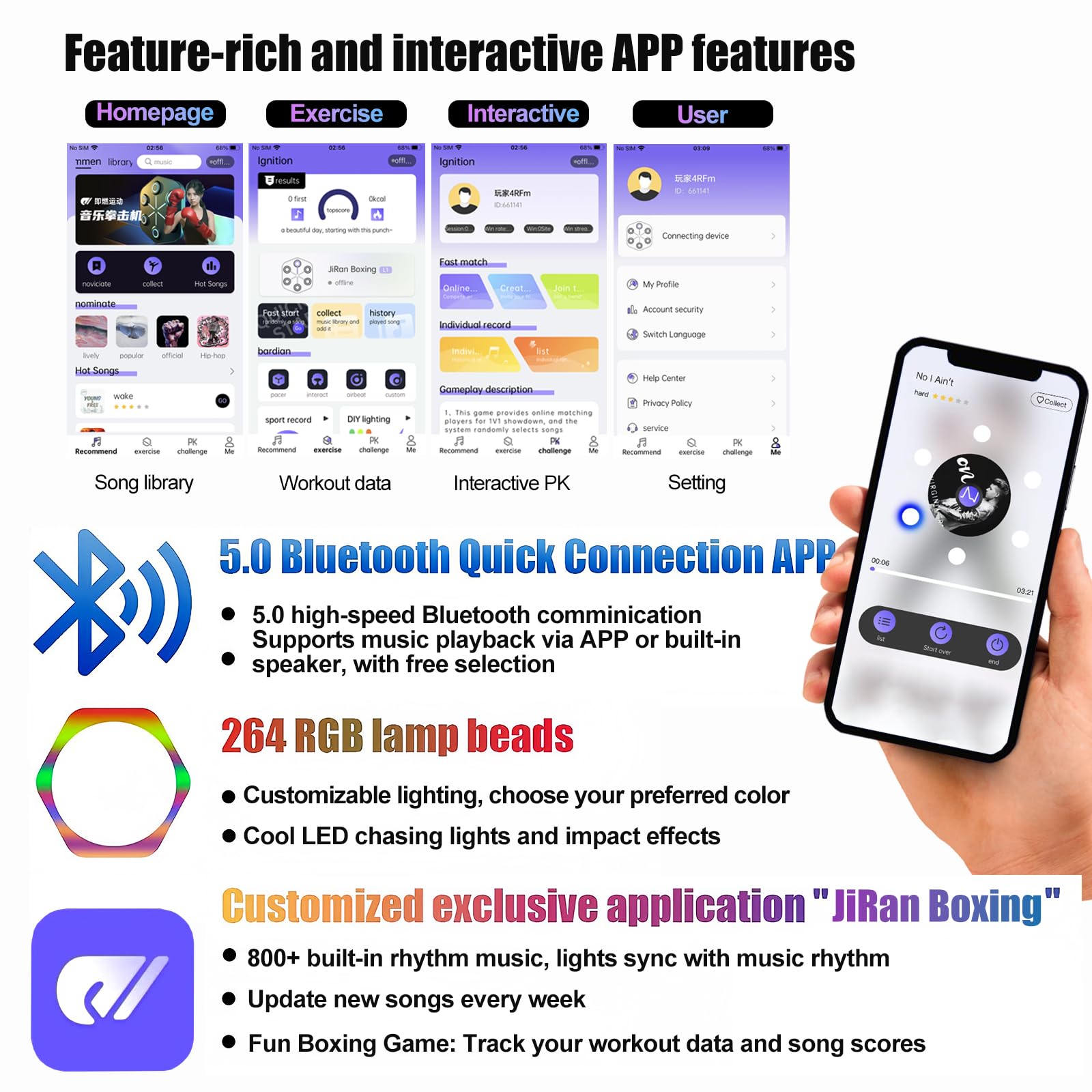 Smart Music Boxing Machine with App - Interactive Punching Bag with Rhythm-Syncing LED Lights & Bluetooth Connectivity | Wall-Mounted Fitness Equipment for Home Gym, Boxing Training & Stress Relief