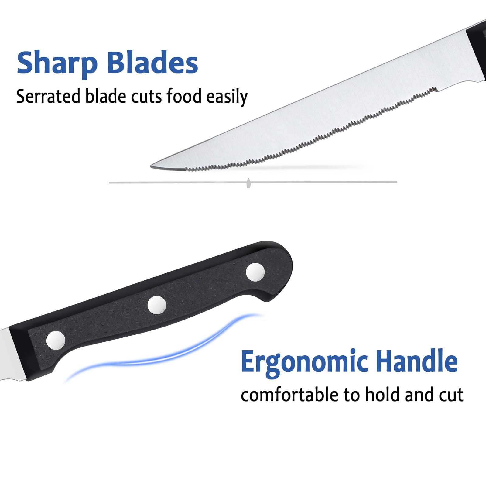 BEWOS 16-Piece Steak Knives Set - Triple Rivet Serrated Stainless Steel Blades (4.5