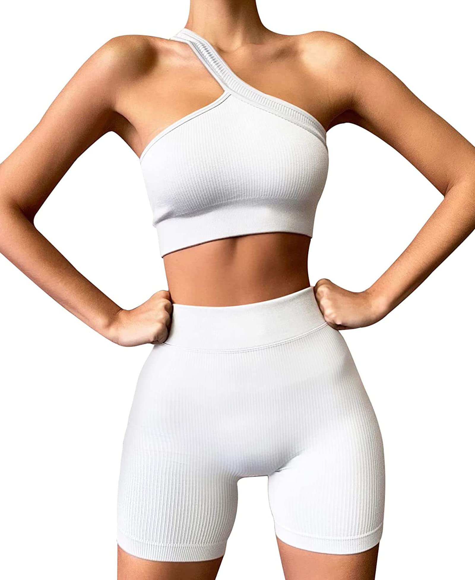 Women's 2-Piece Workout Set - Ribbed High Waisted Shorts & Seamless Sports Top | Gym Outfits, Yoga Clothes, Running Tracksuits for Active Women