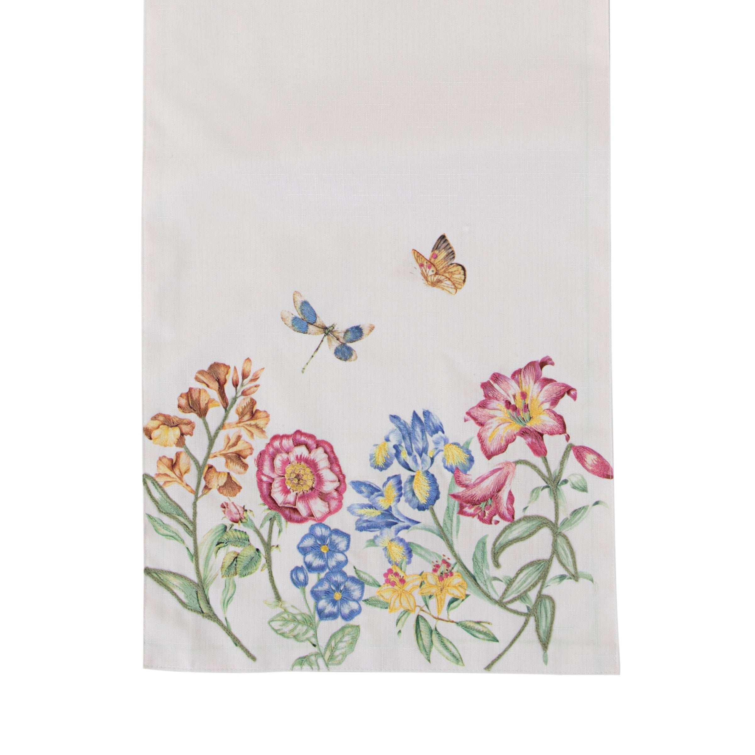 Butterfly Meadow Garden Embroidered Table Runner - Floral Embroidery Dining Table Decor for Farmhouse, Spring & Wedding Decorations