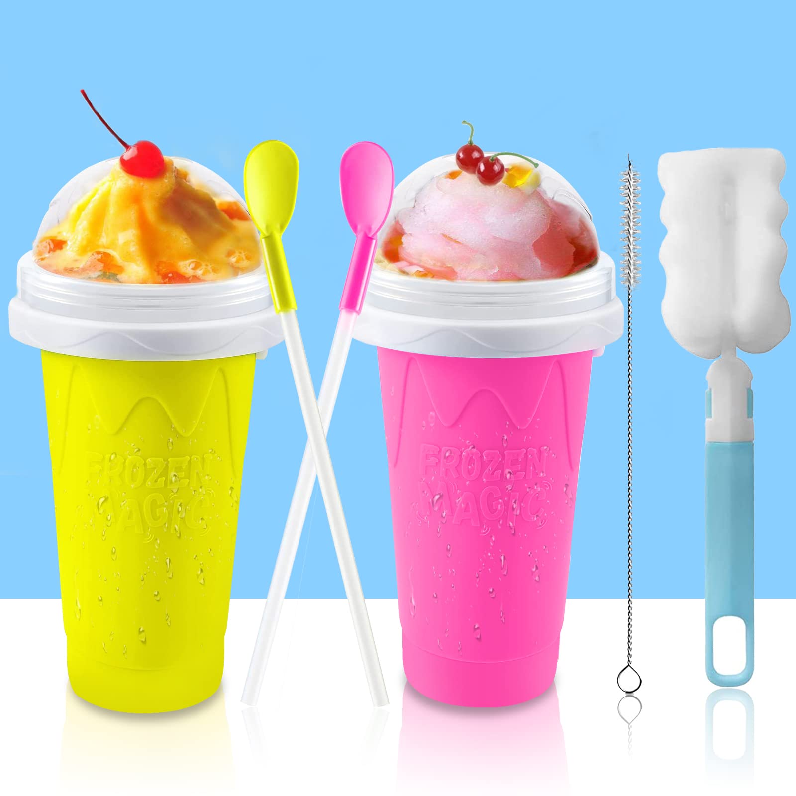 QwayHome 2PC Slushie Maker Cups - DIY Frozen Magic Slushy Cups with Double Layer Silica Gel, Quick Cooling Smoothie & Ice Cream Maker for Homemade Milk Shakes (Yellow+Pink) - Perfect for Summer Parties, Kids Treats & Backyard BBQs