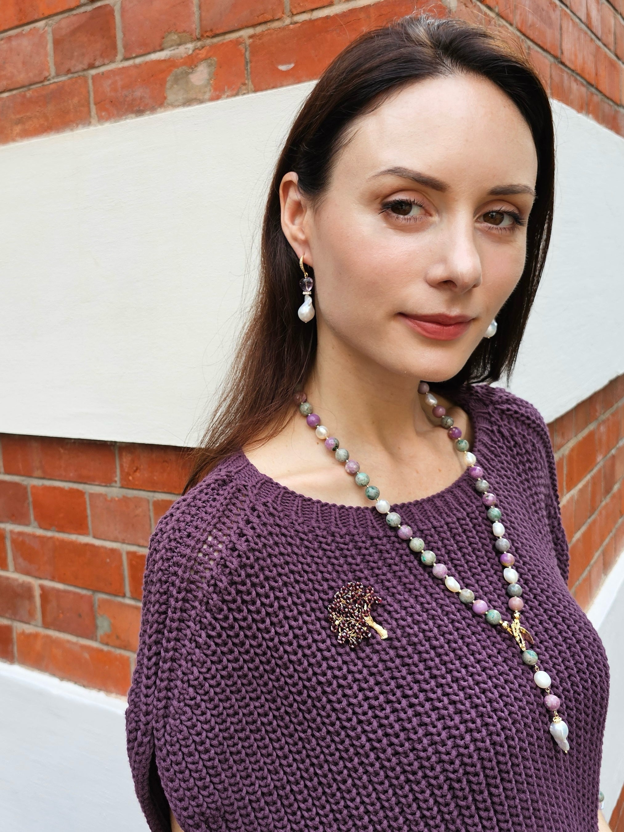 Elegant Purple Gemstone & Freshwater Pearl Y-Shaped Necklace NN017 - Perfect for Weddings, Parties & Special Occasions