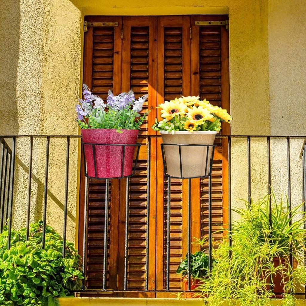4 Pack Hanging Planters for Railings - Metal Flower Pot Holders with Iron Stand, Balcony Garden Plant Baskets for Outdoor Decor, Fence & Deck Rail Planter (Round Steel Pots) - Perfect for Patio, Porch, and Urban Gardening Spaces