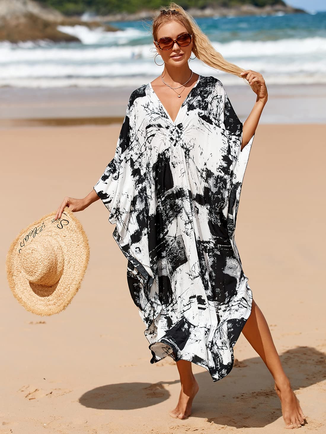 RanRui Women's Plus Size Floral Kaftan Dress with Wave Neck - Boho Chic Muumuu for Beach, Vacation & Lounge Wear