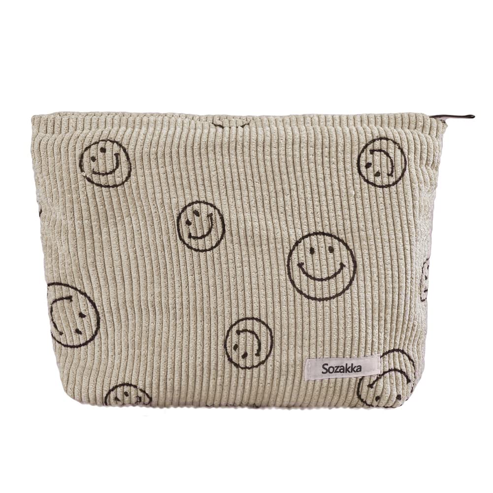 Corduroy Makeup Bag with Zipper - Cute Smile Print Cosmetic Pouch for Women & Girls | Travel Organizer, Sanitary Storage, Gift Idea