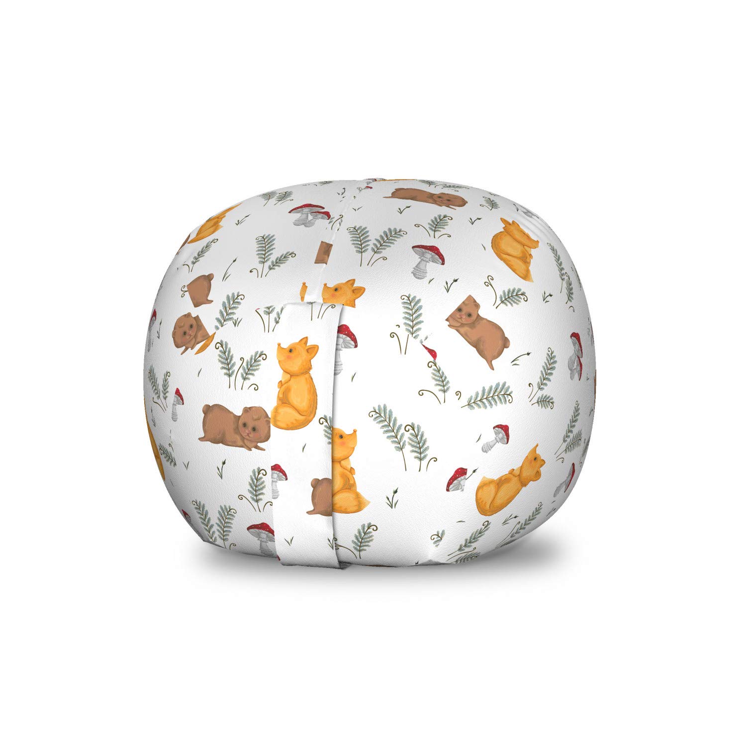 Ambesonne Cartoon Toy Storage Bag Chair - Fox Teddy Bear Mushroom Fern Pattern, Washable Stuffed Animal Organizer for Kids Room, Small Multicolor - Perfect for Nursery, Playroom & Bedroom Organization