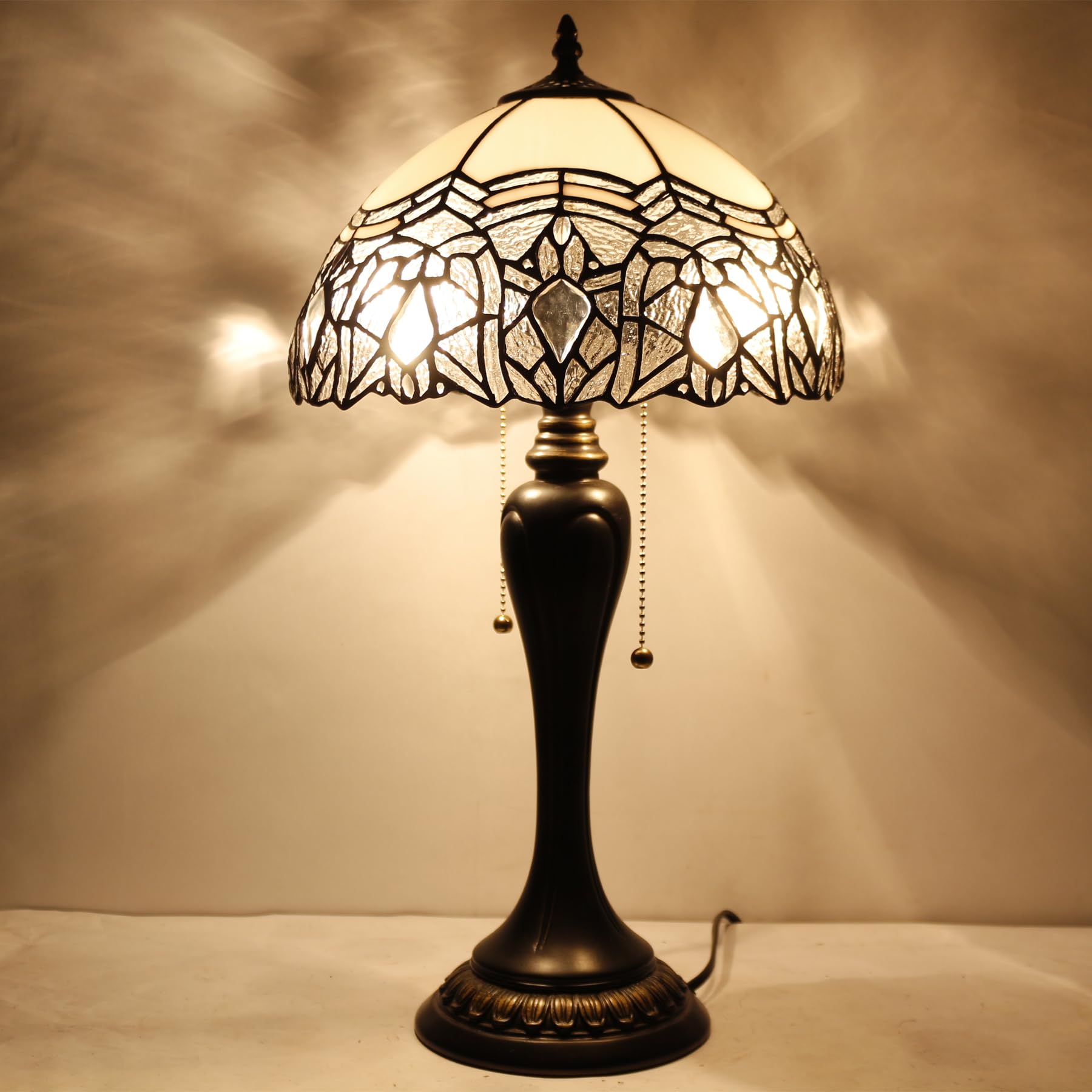 WERFACTORY Tiffany Lamp - White Bent Stained Glass Crystal Table Lamp with 12X12X22 Inches for Bedside, Desk & Reading | Elegant Home Decor for Bedroom, Living Room & Office (S508W Series)