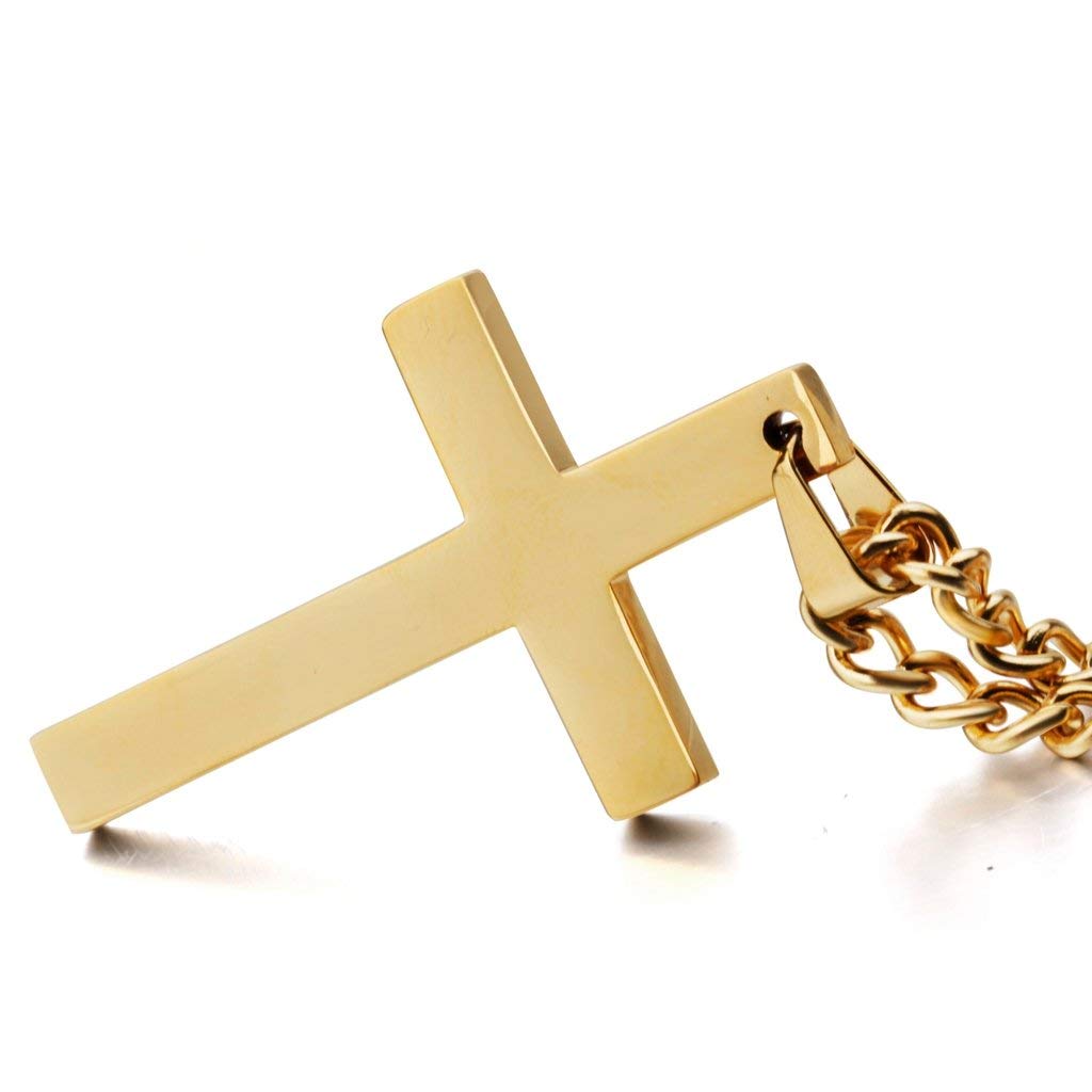 14K Gold Plated Cross Pendant Necklace for Men & Women - Thin Miami Cuban Link Chain with Diamond Cut (18.0