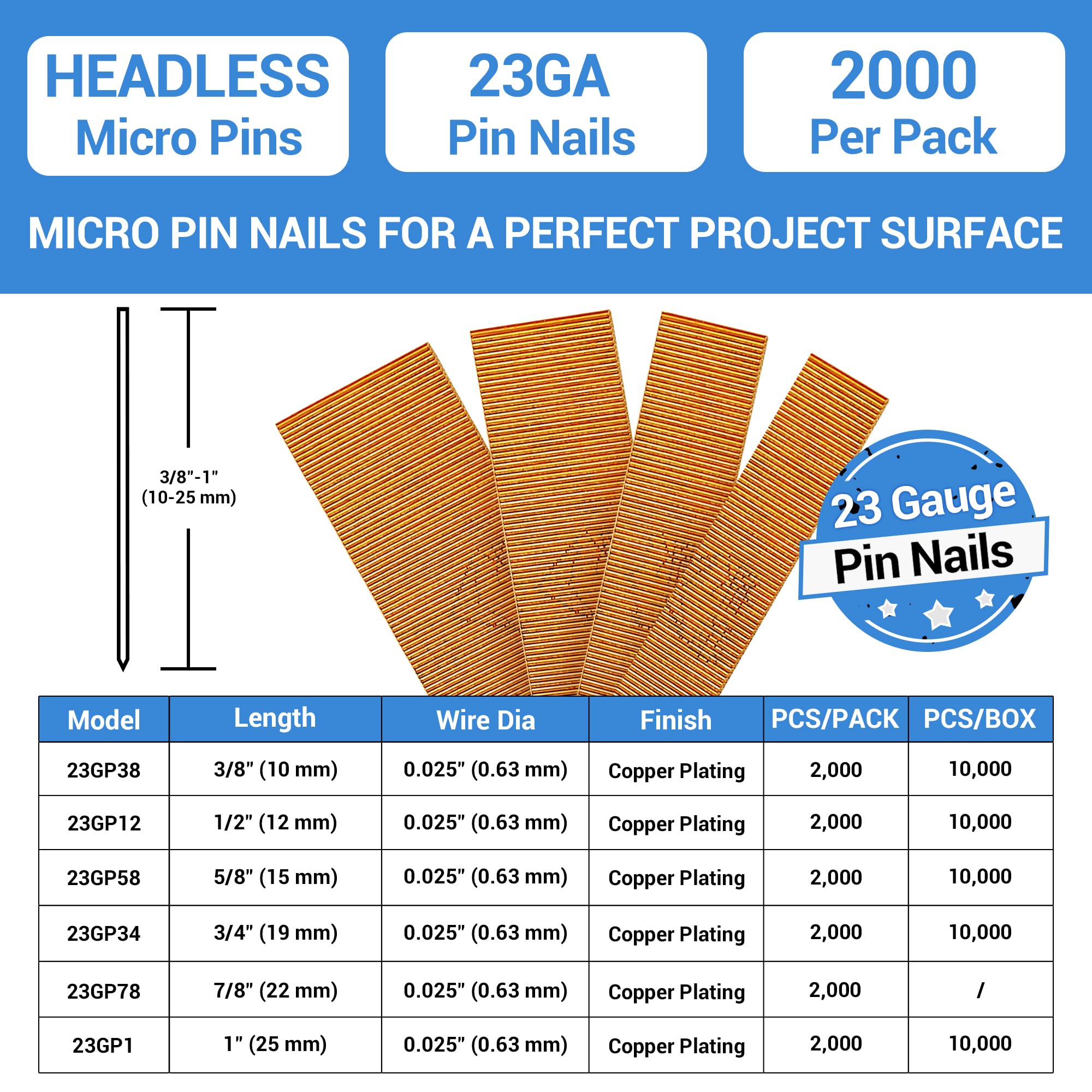Meite 23 Gauge 7/8-Inch Copper Plated Headless Pin Nails - 2,000 PCS for Pin Nailer Guns | Perfect for Fine Woodworking, Trim Work, Crown Molding & Furniture Repair | Smooth Finish & Strong Hold