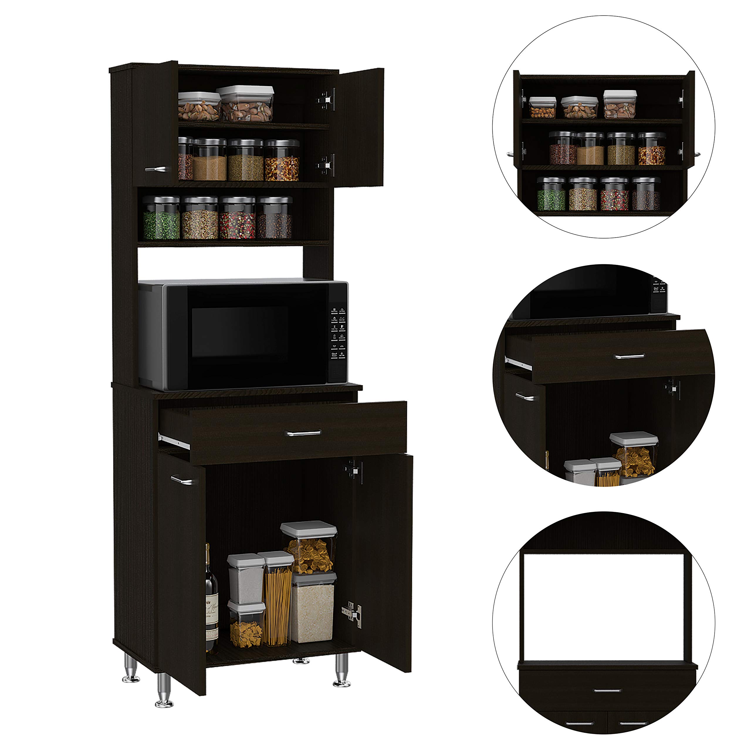 Bay Area Pantry with 2 Double Door Cabinets, Drawer & 2 Open Shelves - 4 Metal Legs, Black Wenge Finish for Kitchen Storage & Organization