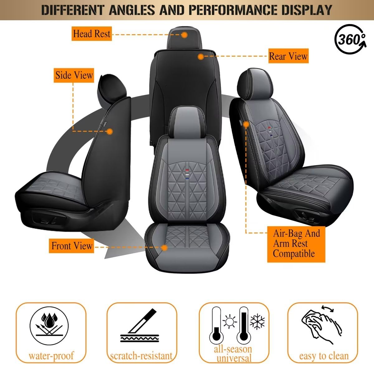 Waterproof Faux Leather Front Seat Covers for Hyundai Tucson 2010-2025 - Airbag Compatible Car Seat Protectors (2 Front Seats, Black & Grey) | Perfect for Daily Commuting, Road Trips & Protecting Your Vehicle Interior