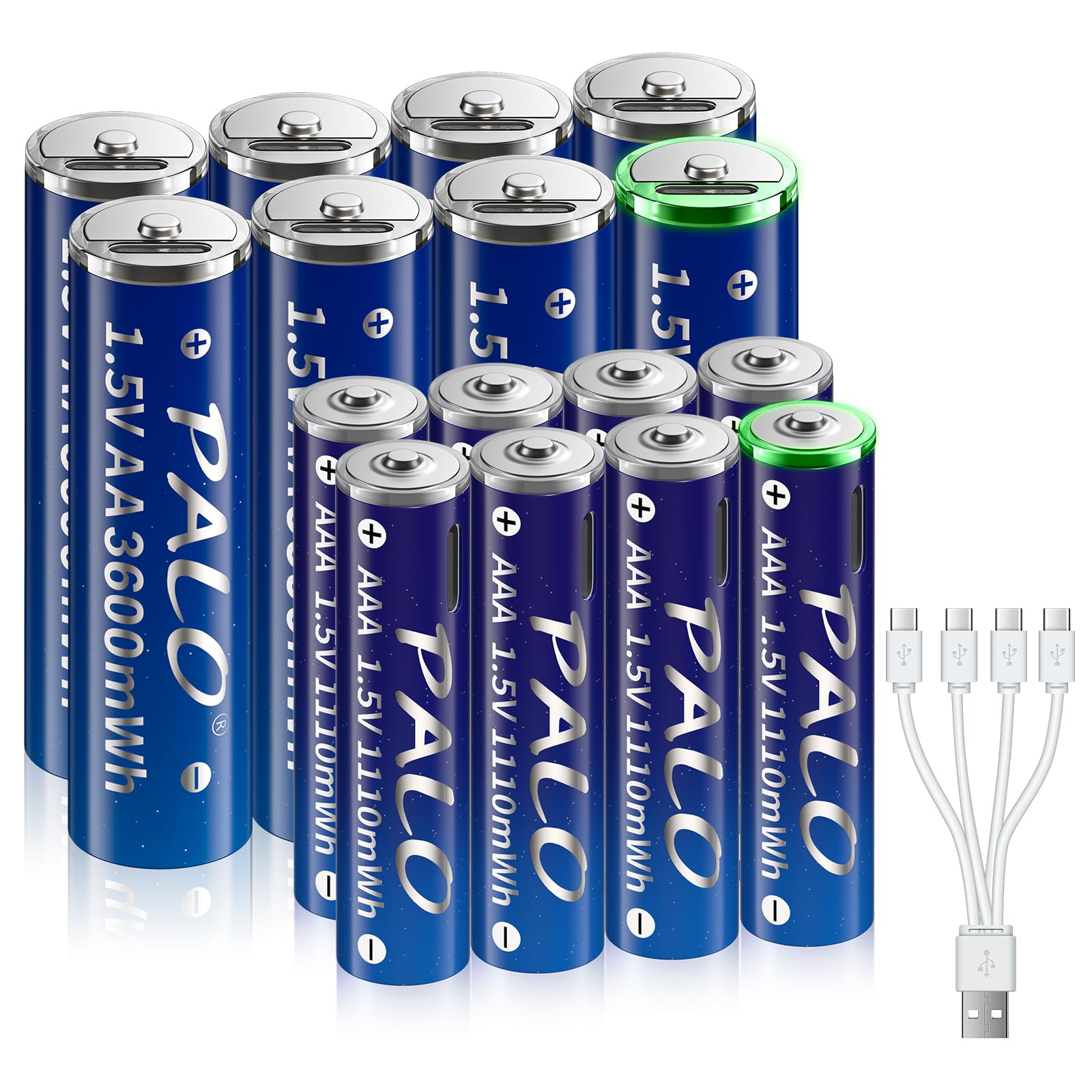 Rechargeable AA AAA Lithium USB Batteries 16-Pack with 4-in-1 Type-C Charging Cable & Storage Case | Fast Charging USB Batteries for Cameras, Flashlights, Game Controllers, Remote Controls & Smart Home Devices